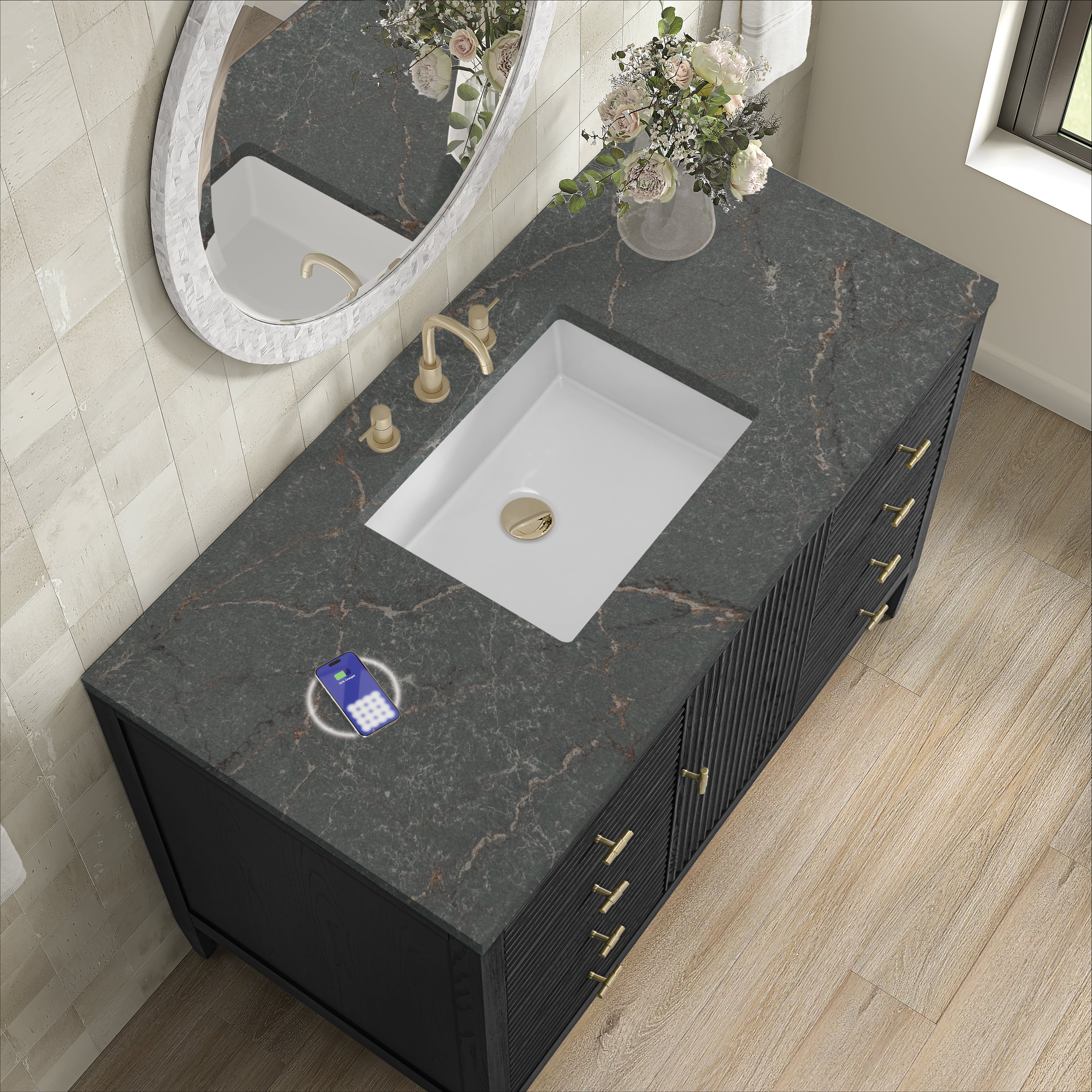 James Martin Myrrin 48" Single Vanity in Carbon Oak with 3cm Countertop and FreePower Wireless Charger
