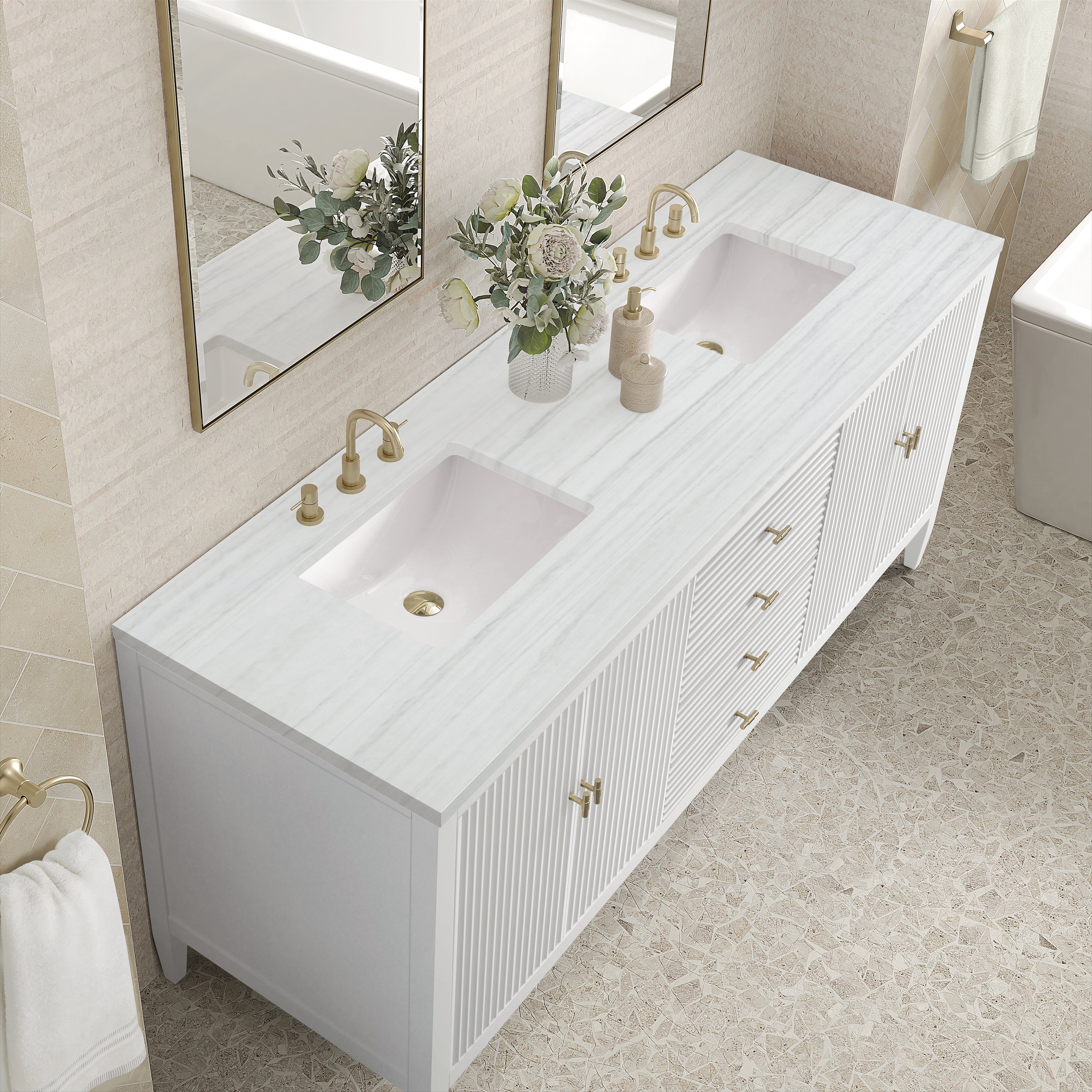 James Martin Myrrin 72" Double Vanity in Bright White with 3cm Countertop