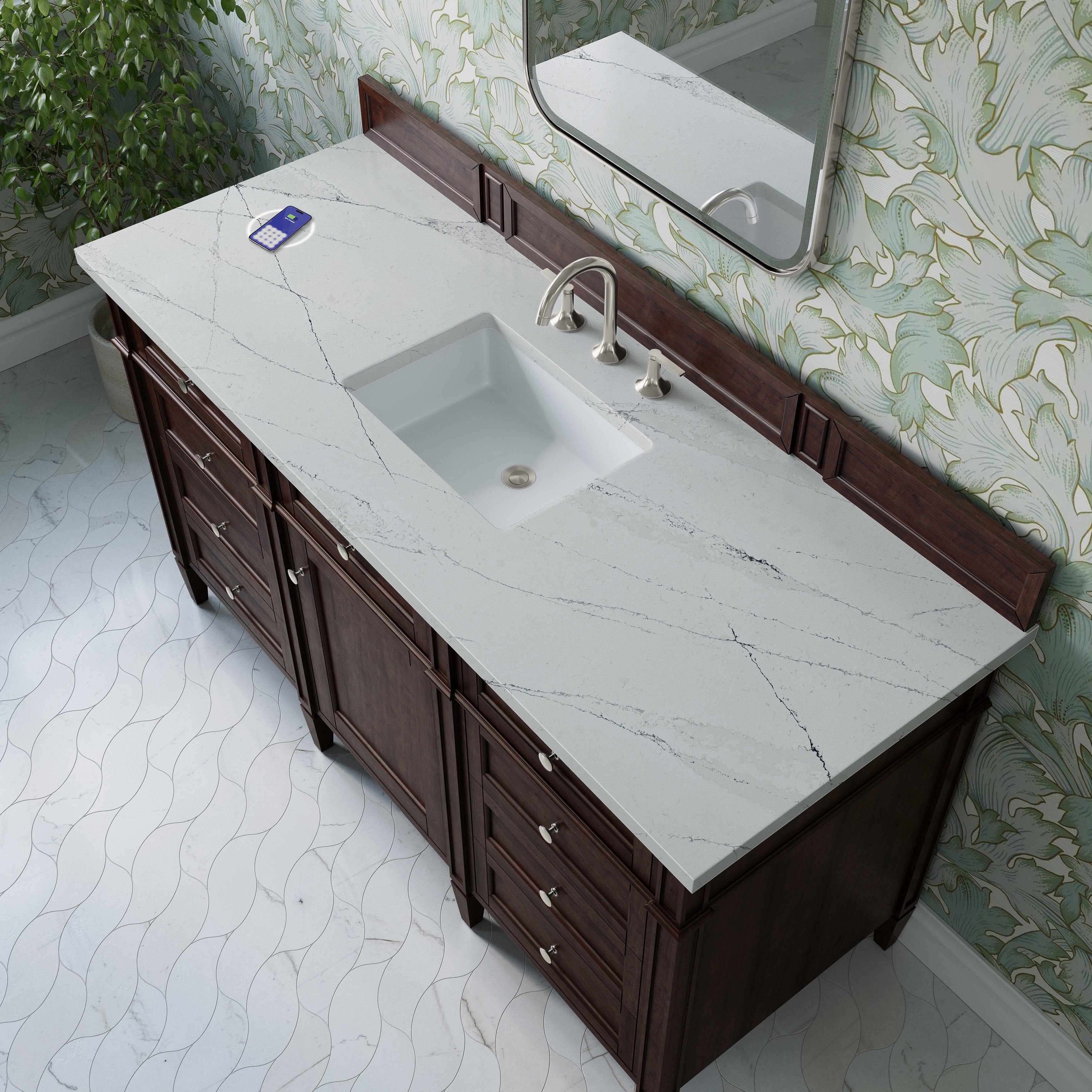 James Martin Brittany 60" Single Vanity in Burnished Mahogany with 3cm Countertop and FreePower Wireless Charger