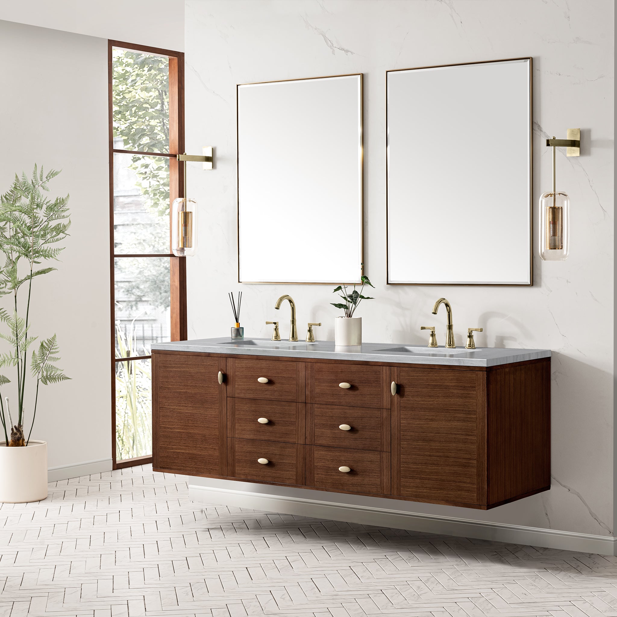 James Martin Amberly 72" Double Vanity in Mid-Century Walnut with 3cm Countertop