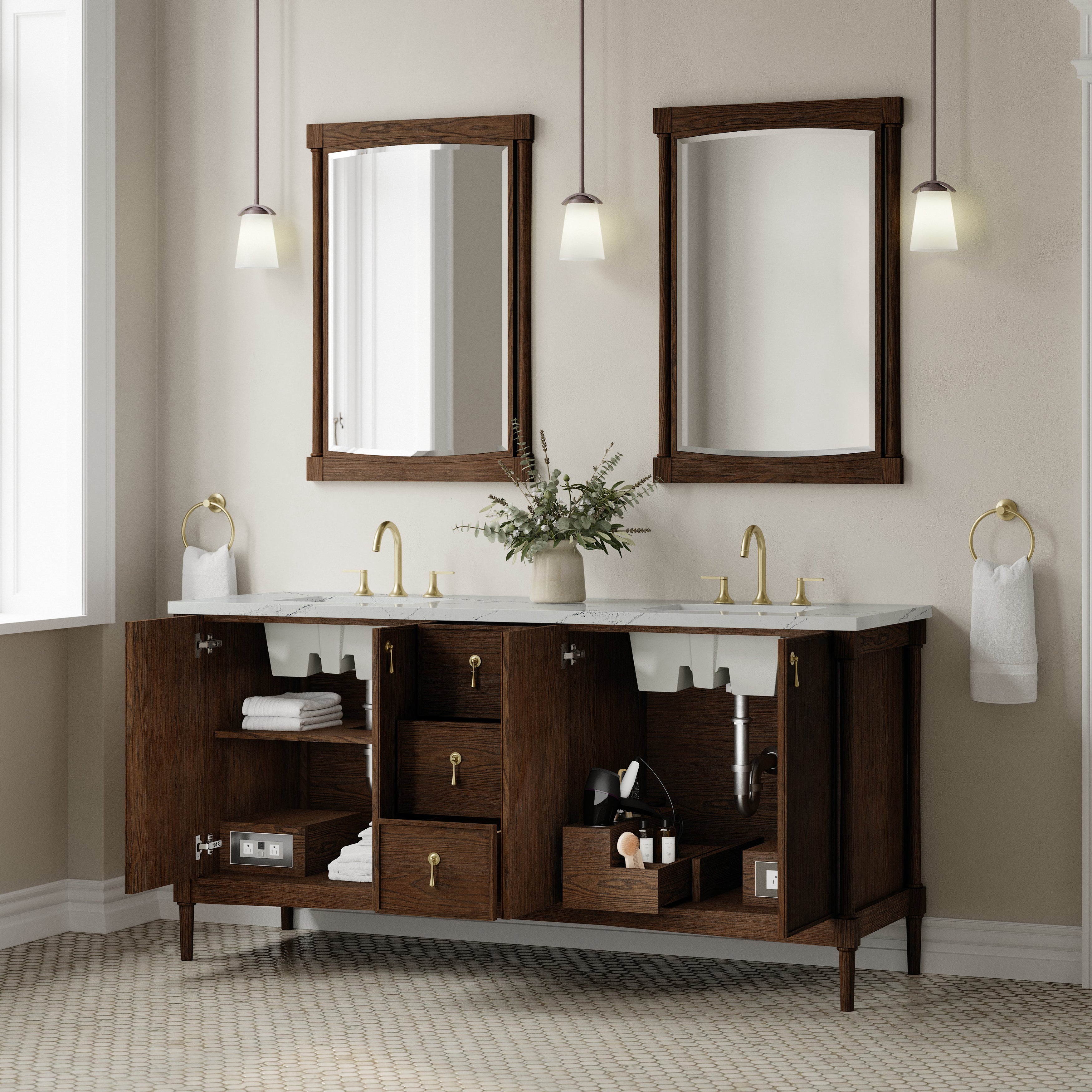 James Martin Kinnsden 72" Double Vanity in Sable Oak with 3cm Carrara Marble Top