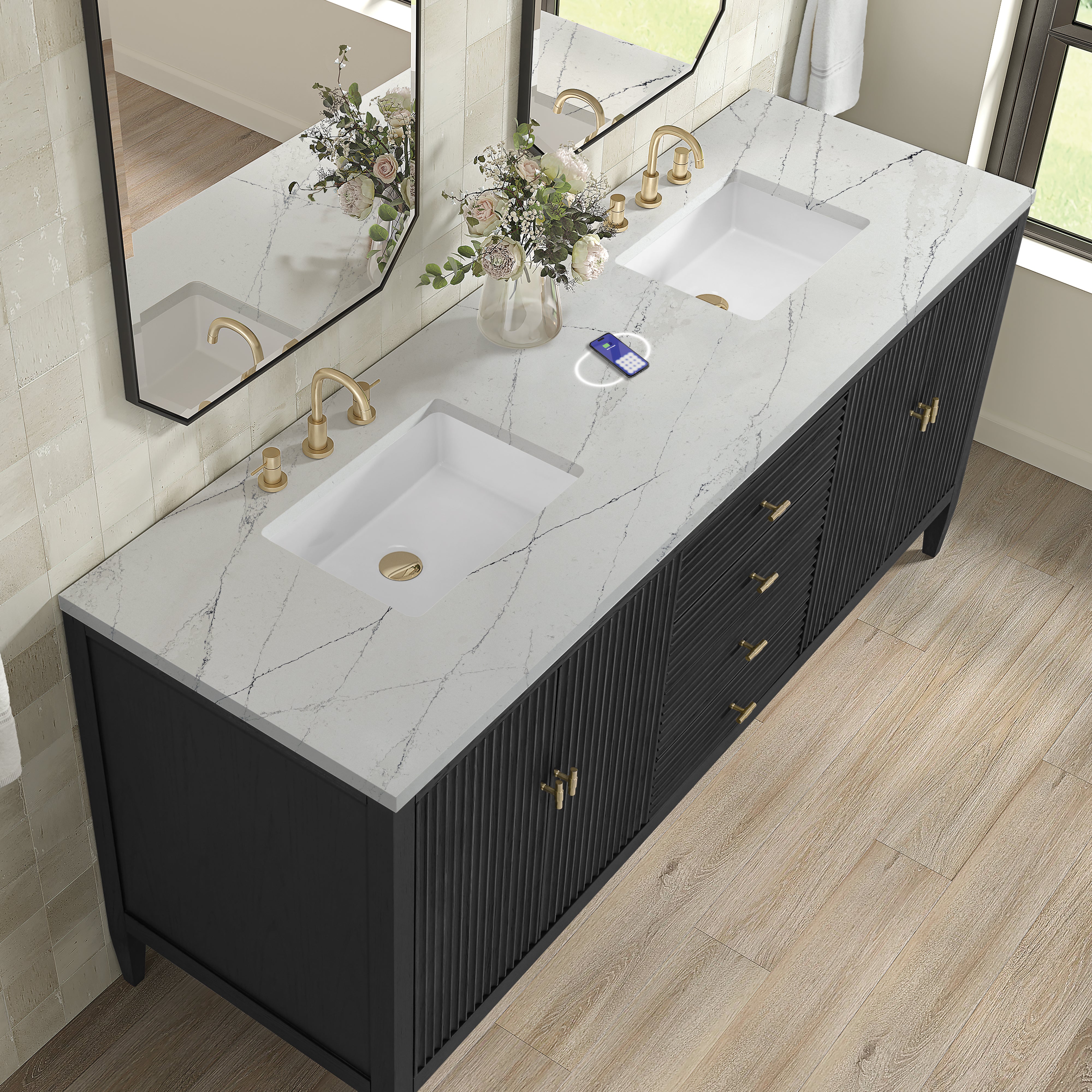 James Martin Myrrin 72" Double Vanity in Carbon Oak with 3cm Countertop and FreePower Wireless Charger