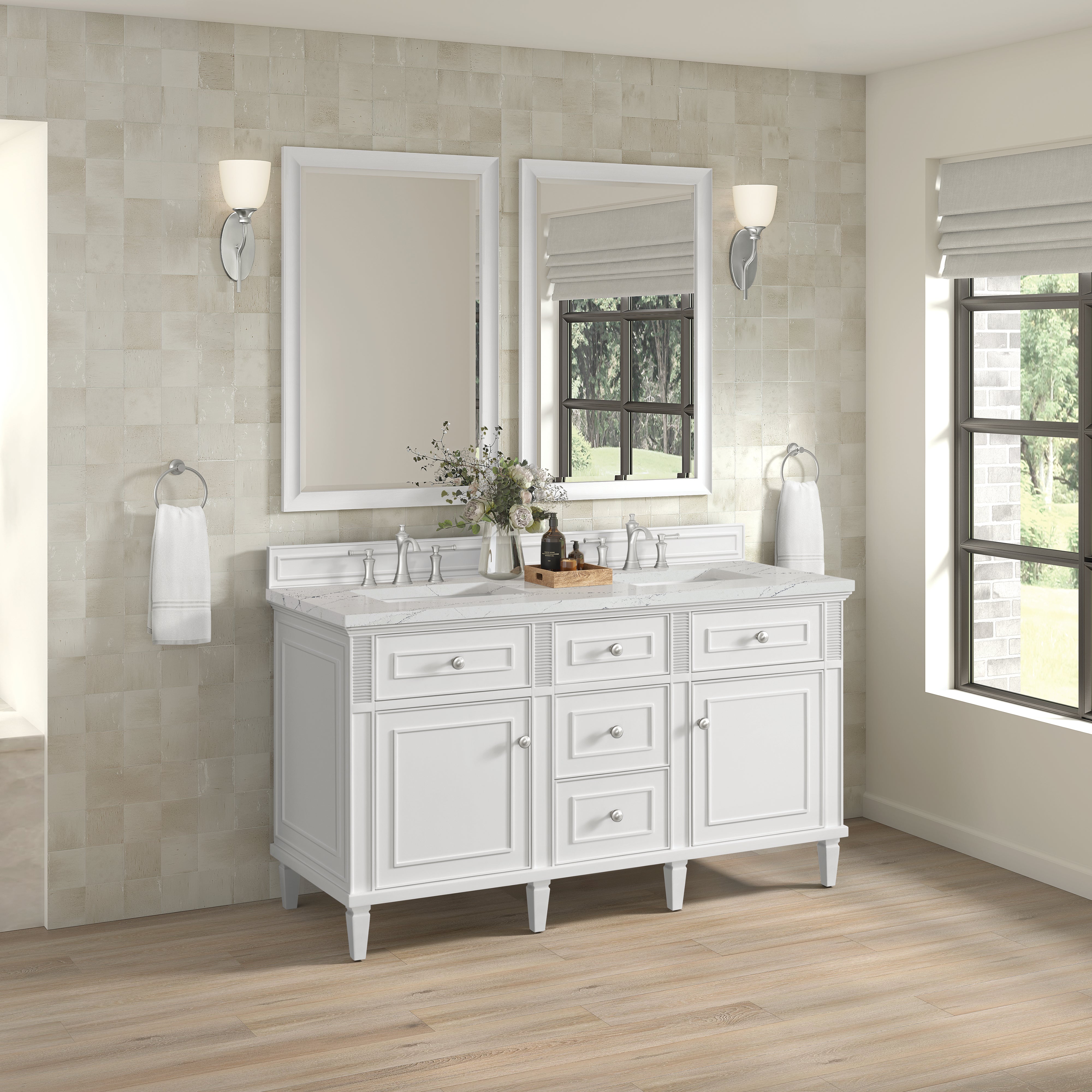 James Martin Lorelai 60" Double Vanity in Bright White with 3cm Countertop and FreePower Wireless Charger