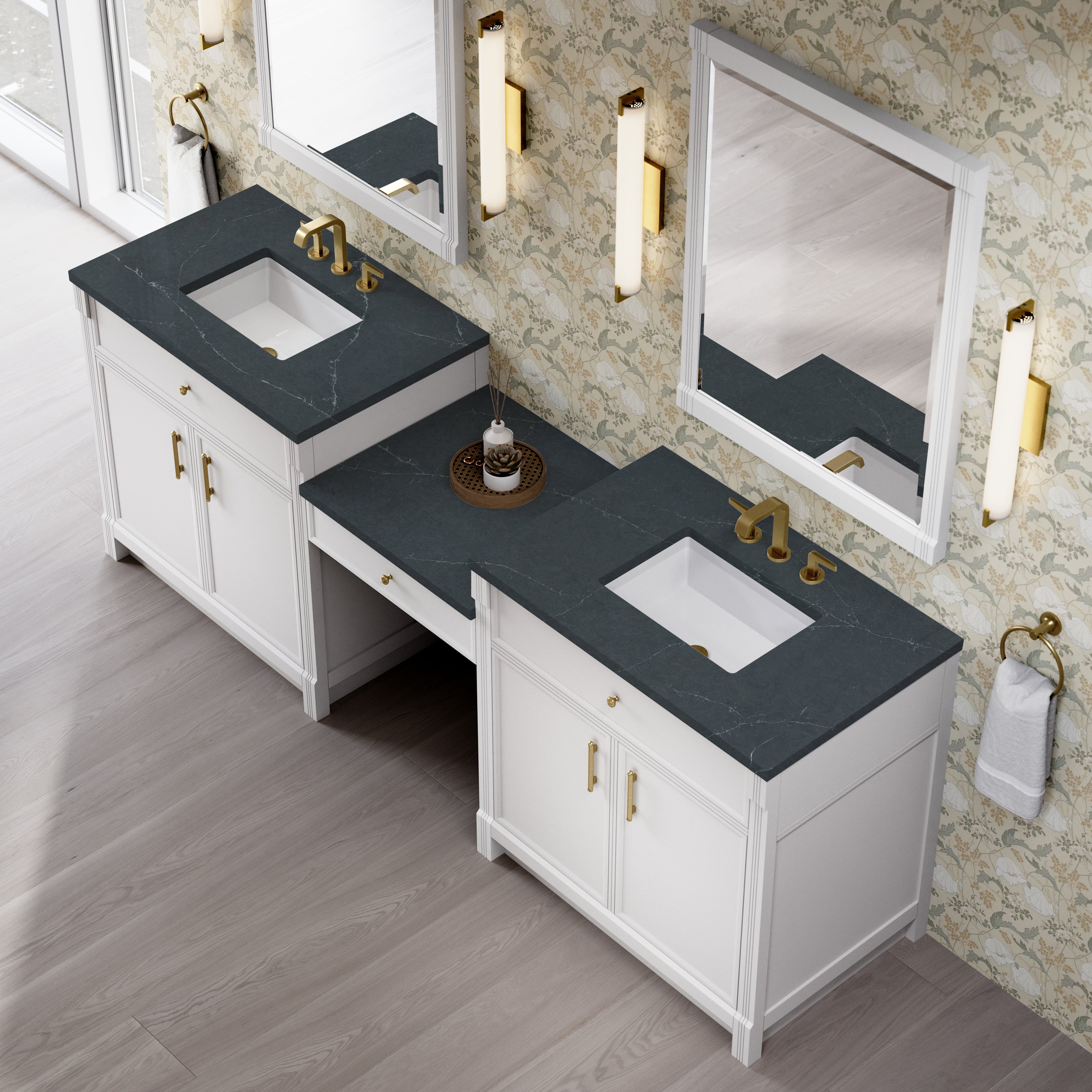 James Martin Bellshire 96" Dual Vanity Set with 24" Make-Up Counter in Bright White with 3cm Countertop