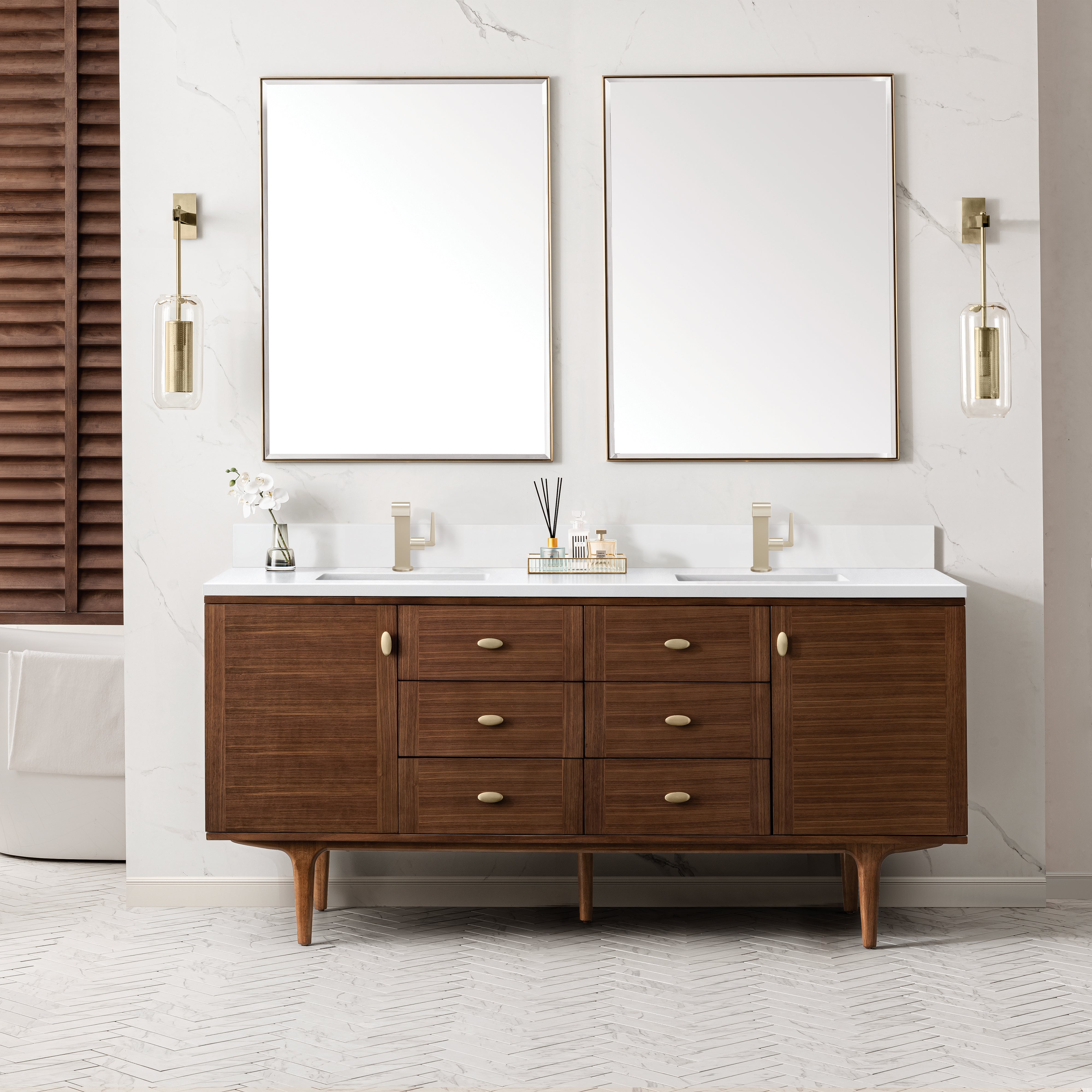 James Martin Amberly 72" Double Vanity in Mid-Century Walnut with 3cm Countertop