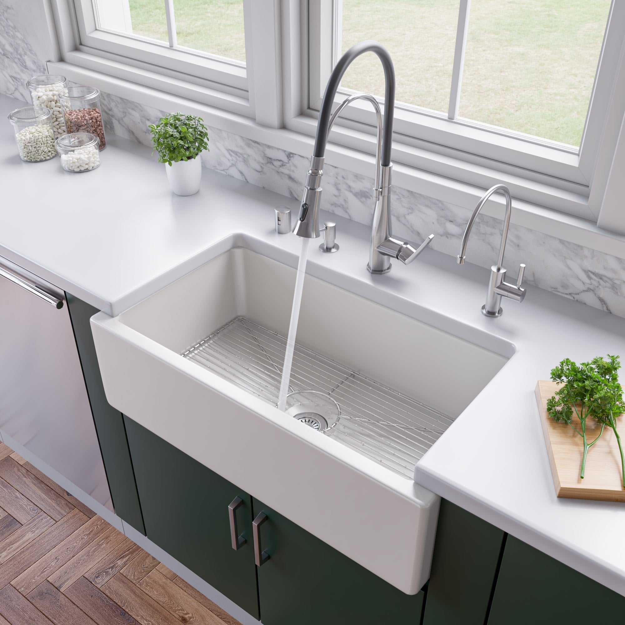 ALFI brand AB3318HS 33" x 18" Reversible Fluted / Smooth Fireclay Farm Sink