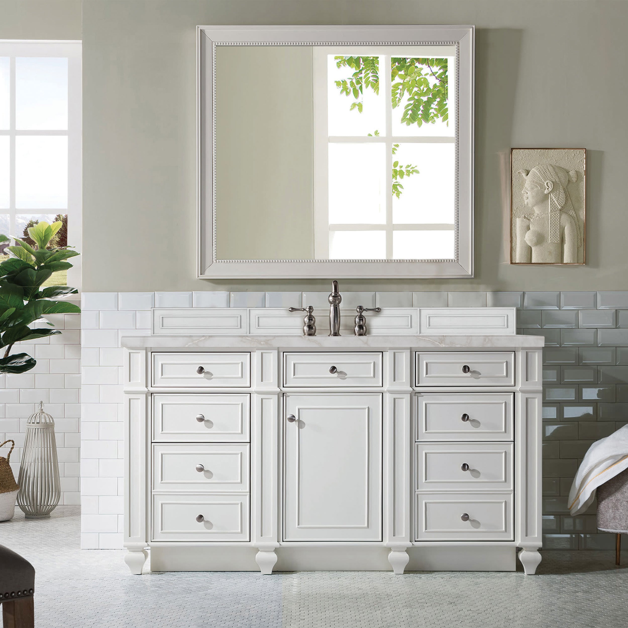 James Martin Bristol 60" Single Vanity in Bright White with 3cm Countertop and FreePower Wireless Charger