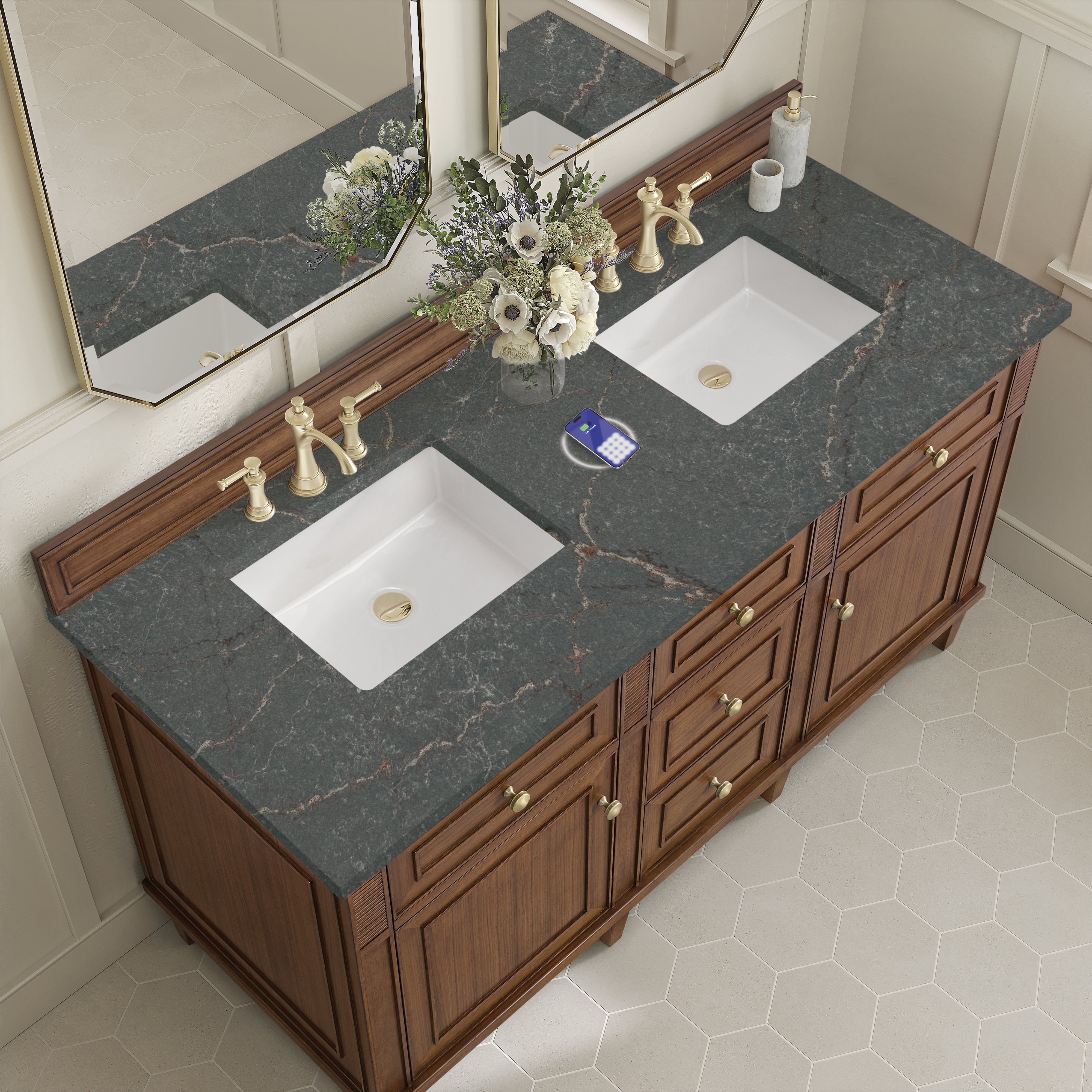 James Martin Lorelai 60" Double Vanity in Mid-Century Walnut with 3cm Countertop and FreePower Wireless Charger