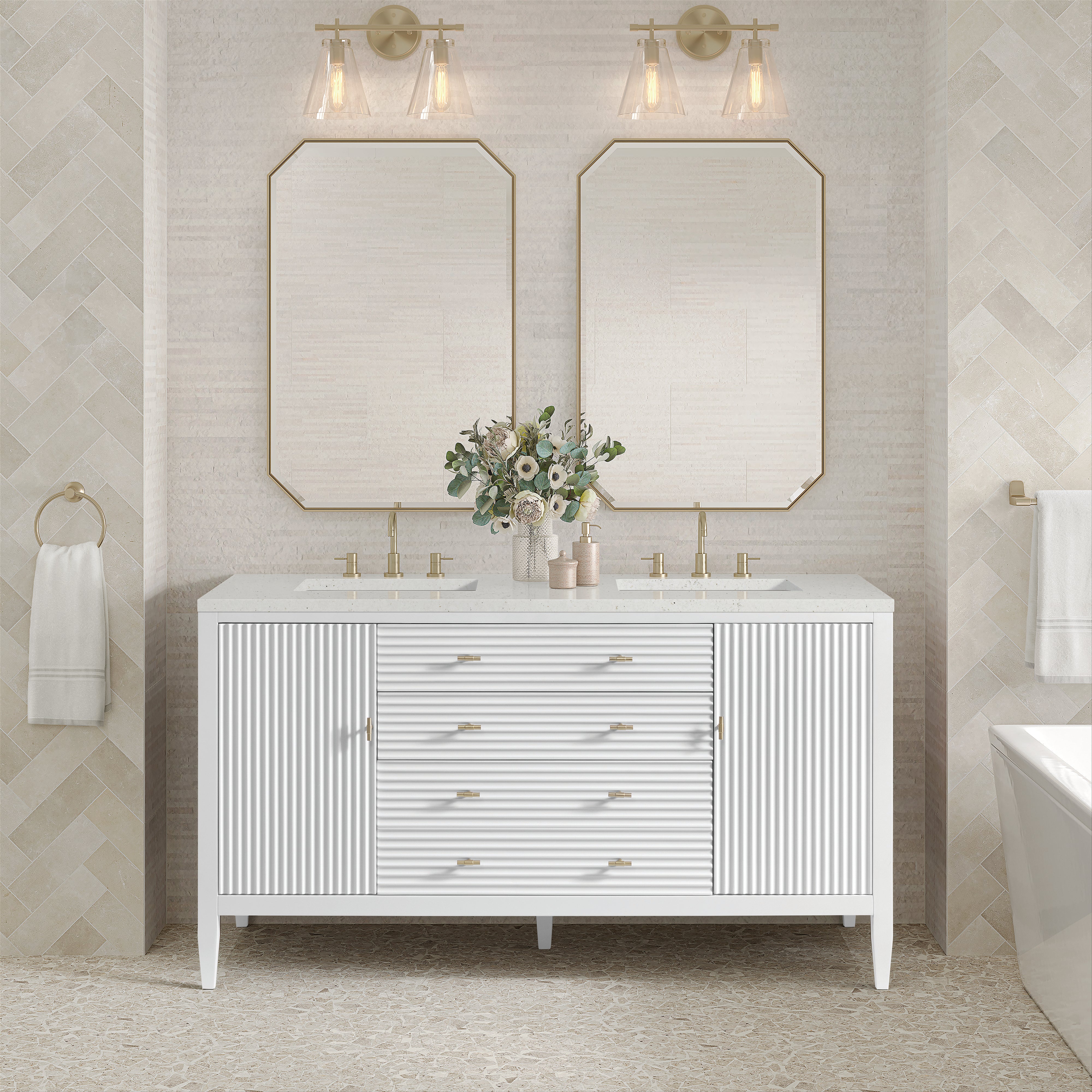 James Martin Myrrin 60" Double Vanity in Bright White with 3cm Countertop