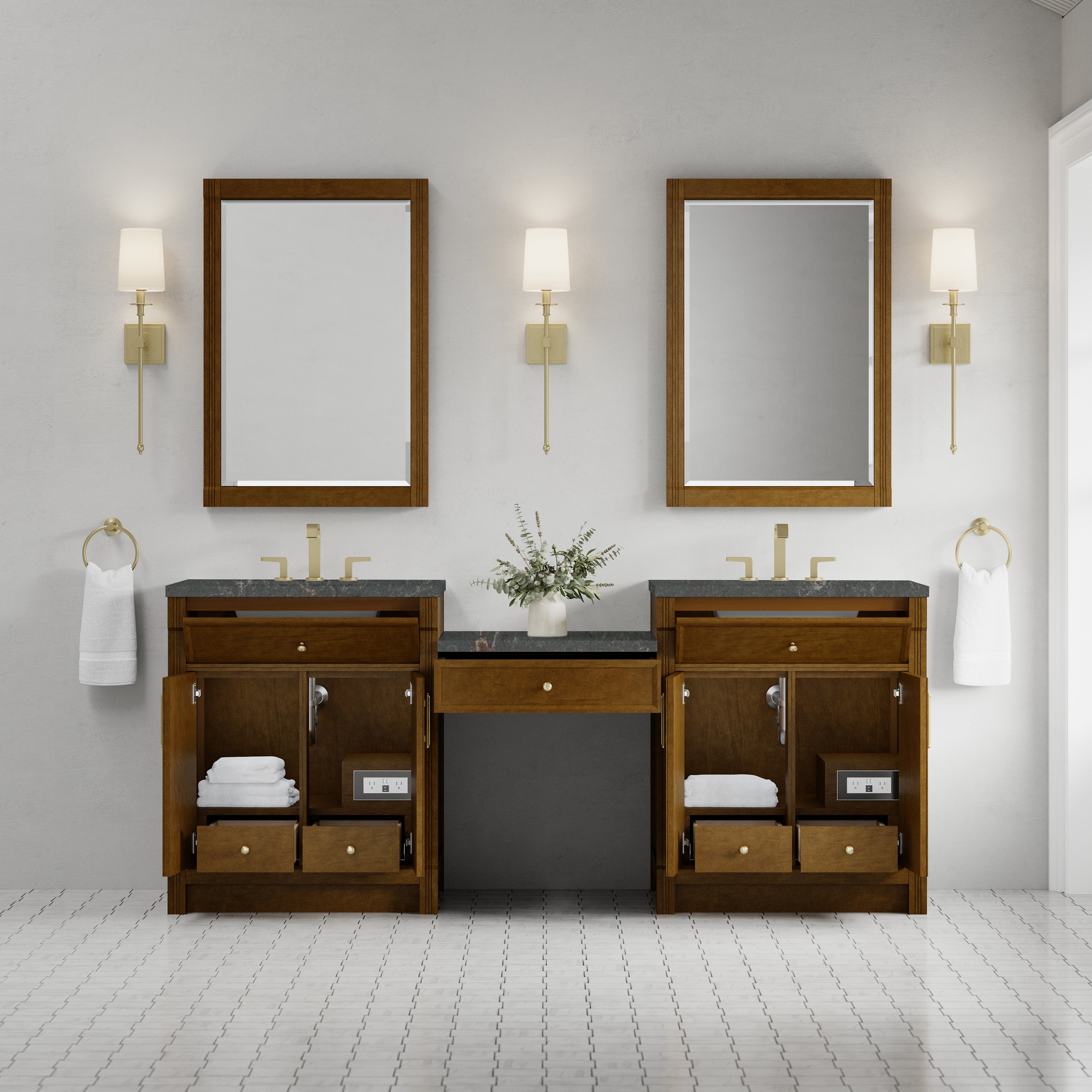 James Martin Bellshire 84" Dual Vanity Set with 24" Make-Up Counter in Honey Oak with 3cm Countertop