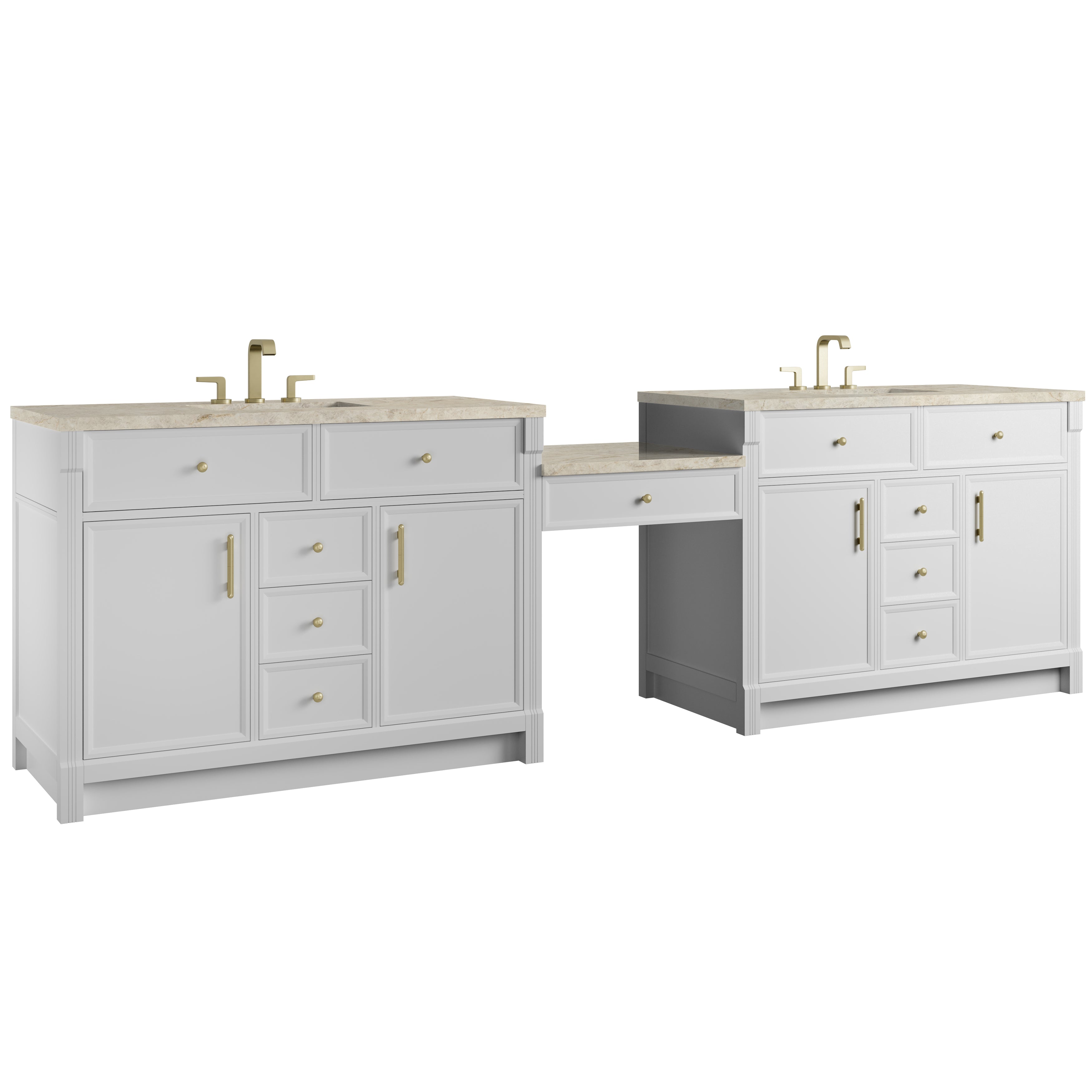 James Martin Bellshire 120" Dual Vanity Set with 24" Make-Up Counter in Bright White with 3cm Countertop and FreePower Wireless Charger