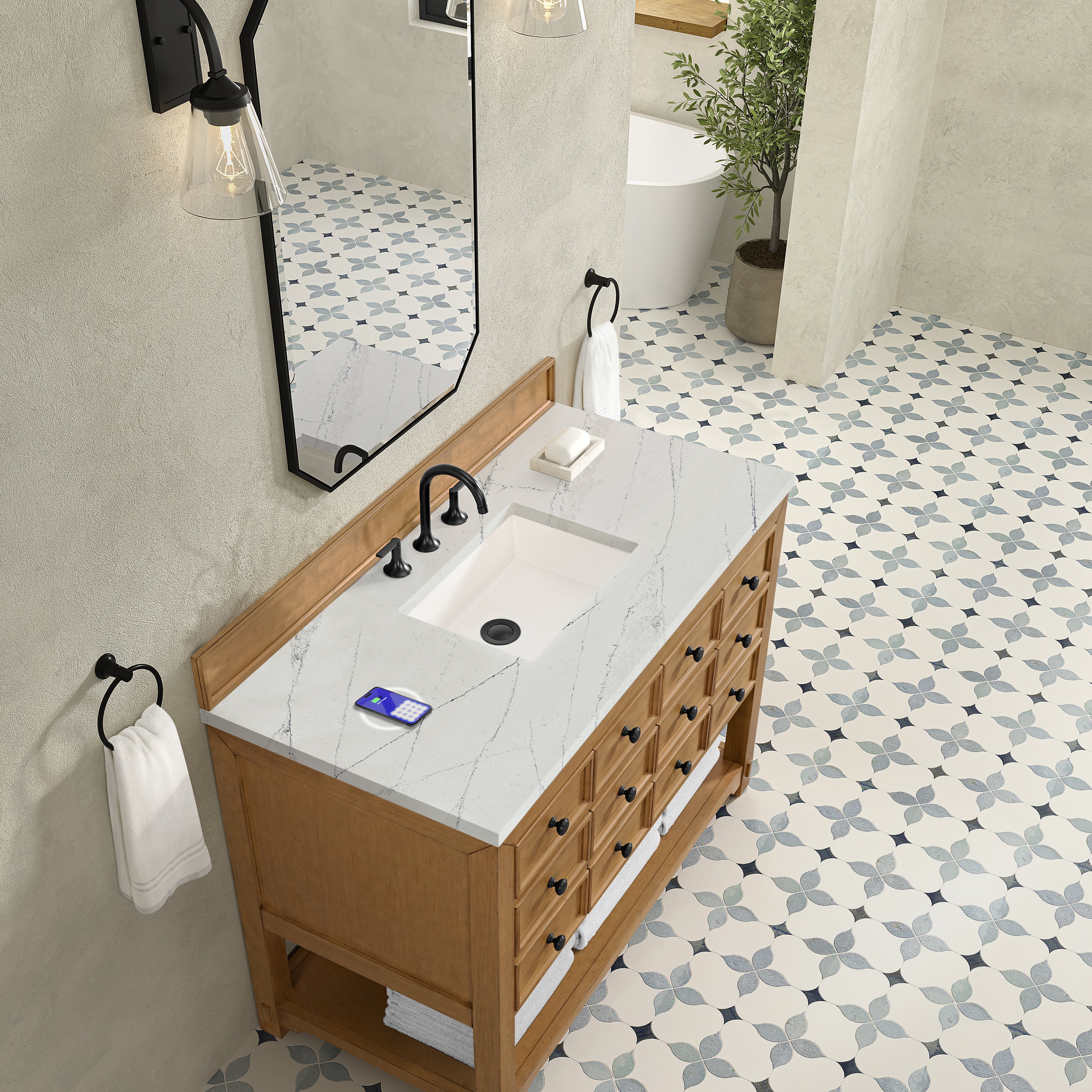 James Martin Malibu 48" Single Vanity in Amber Birch with 3cm Countertop and FreePower Wireless Charger
