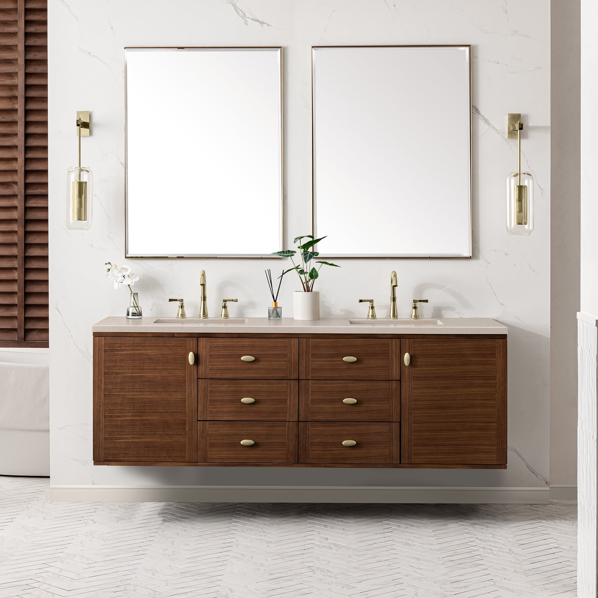 James Martin Amberly 72" Double Vanity in Mid-Century Walnut with 3cm Countertop