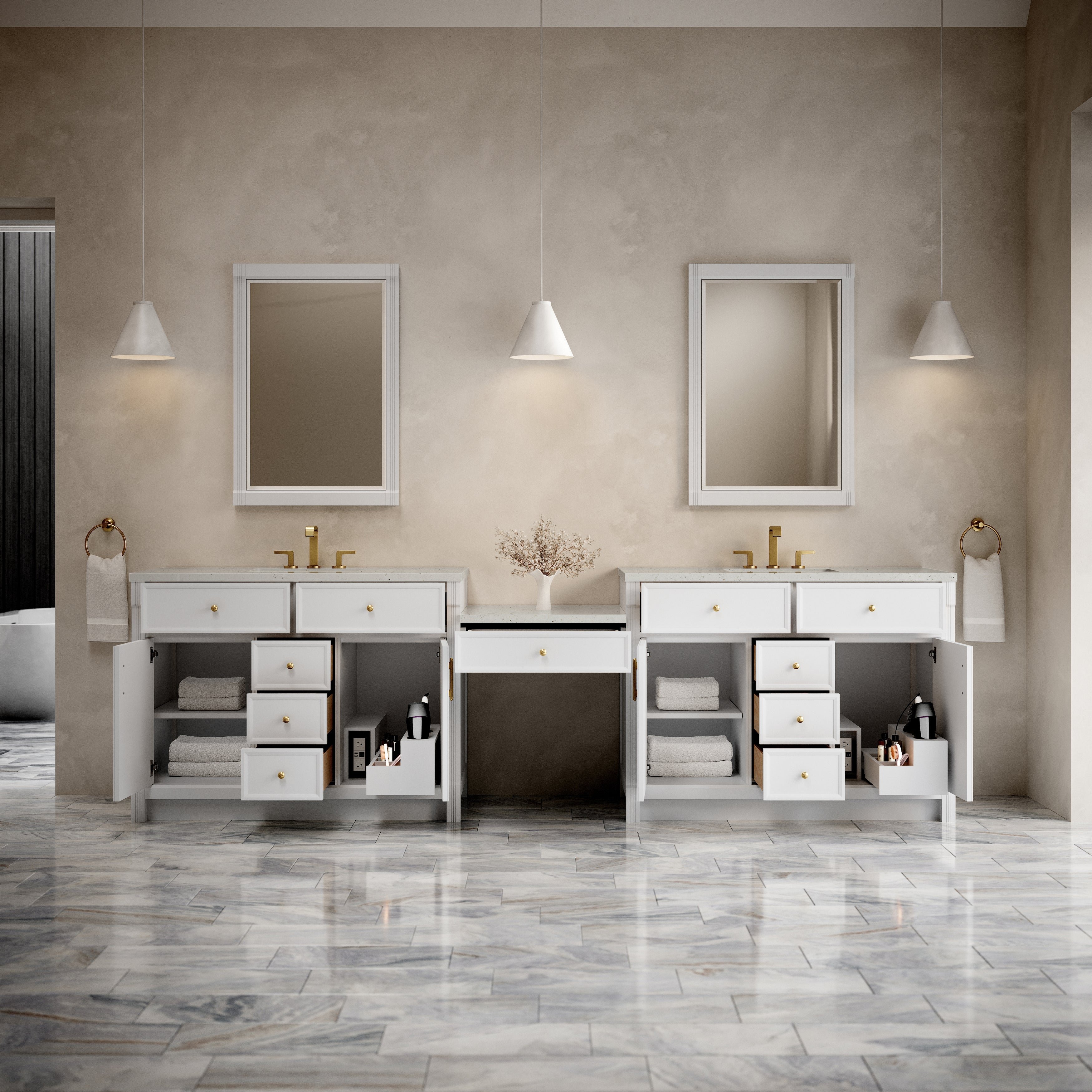 James Martin Bellshire 120" Dual Vanity Set with 24" Make-Up Counter in Bright White with 3cm Countertop