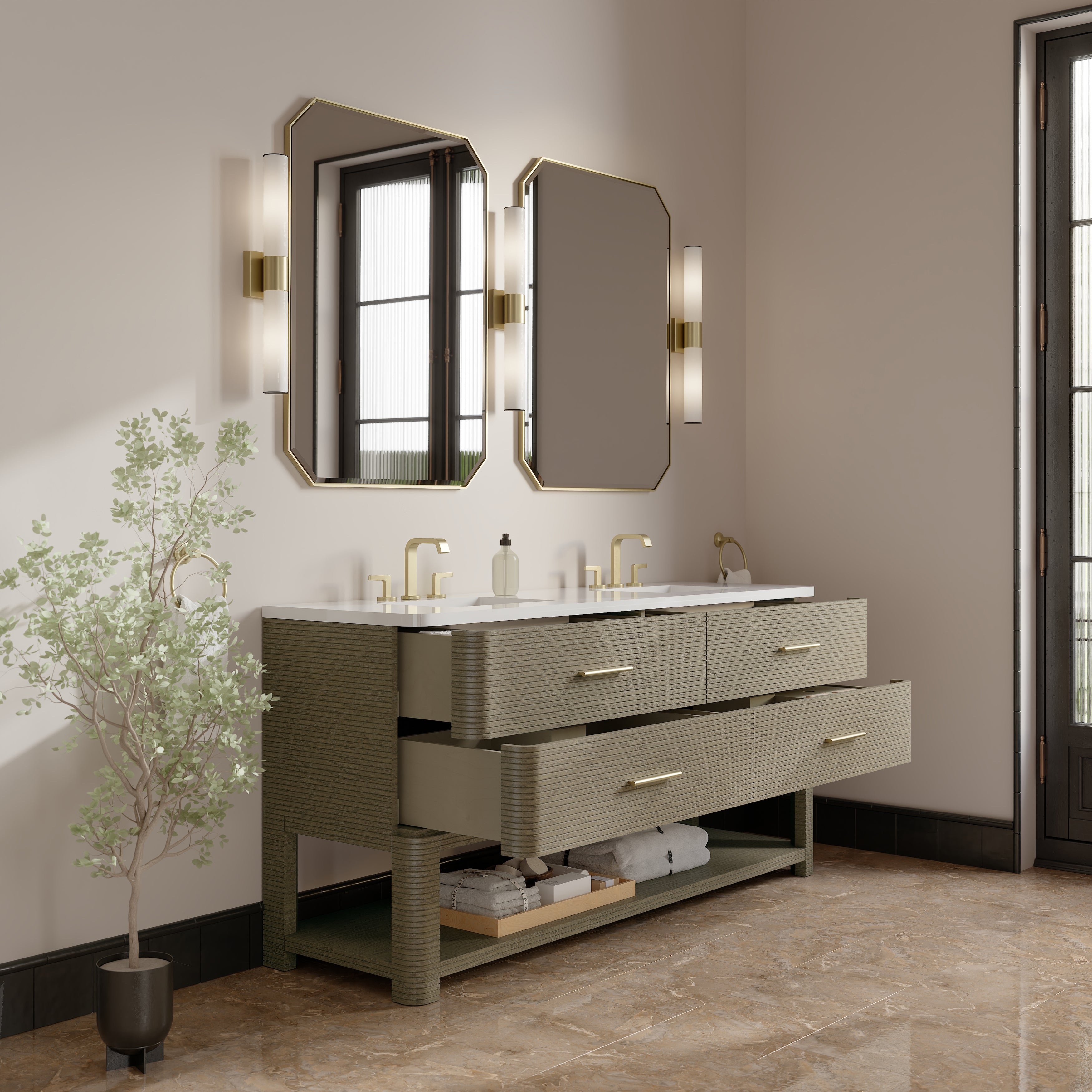 James Martin Lucian 72" Double Vanity in Pebble Oak with 3cm Countertop