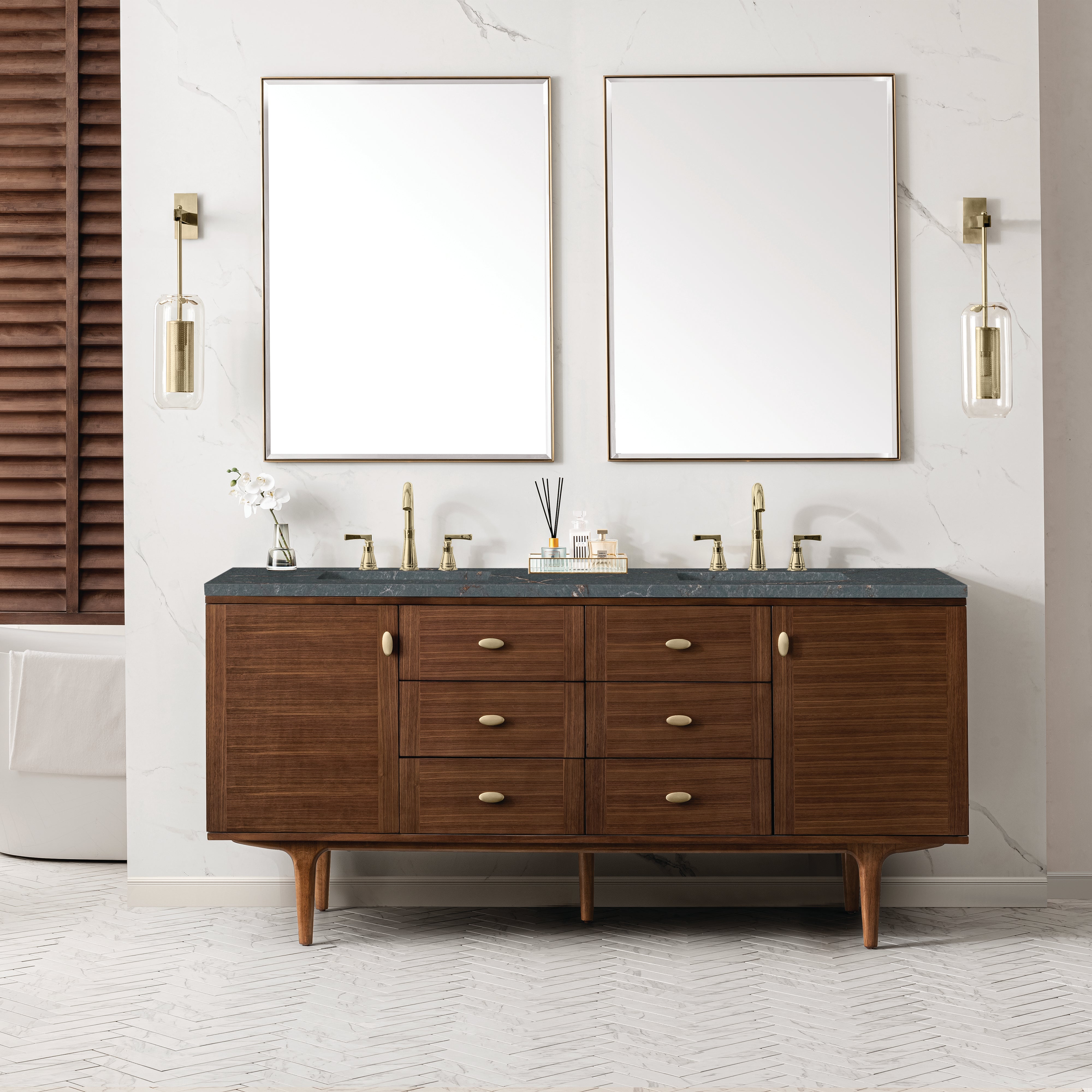 James Martin Amberly 72" Double Vanity in Mid-Century Walnut with 3cm Countertop and FreePower Wireless Charger