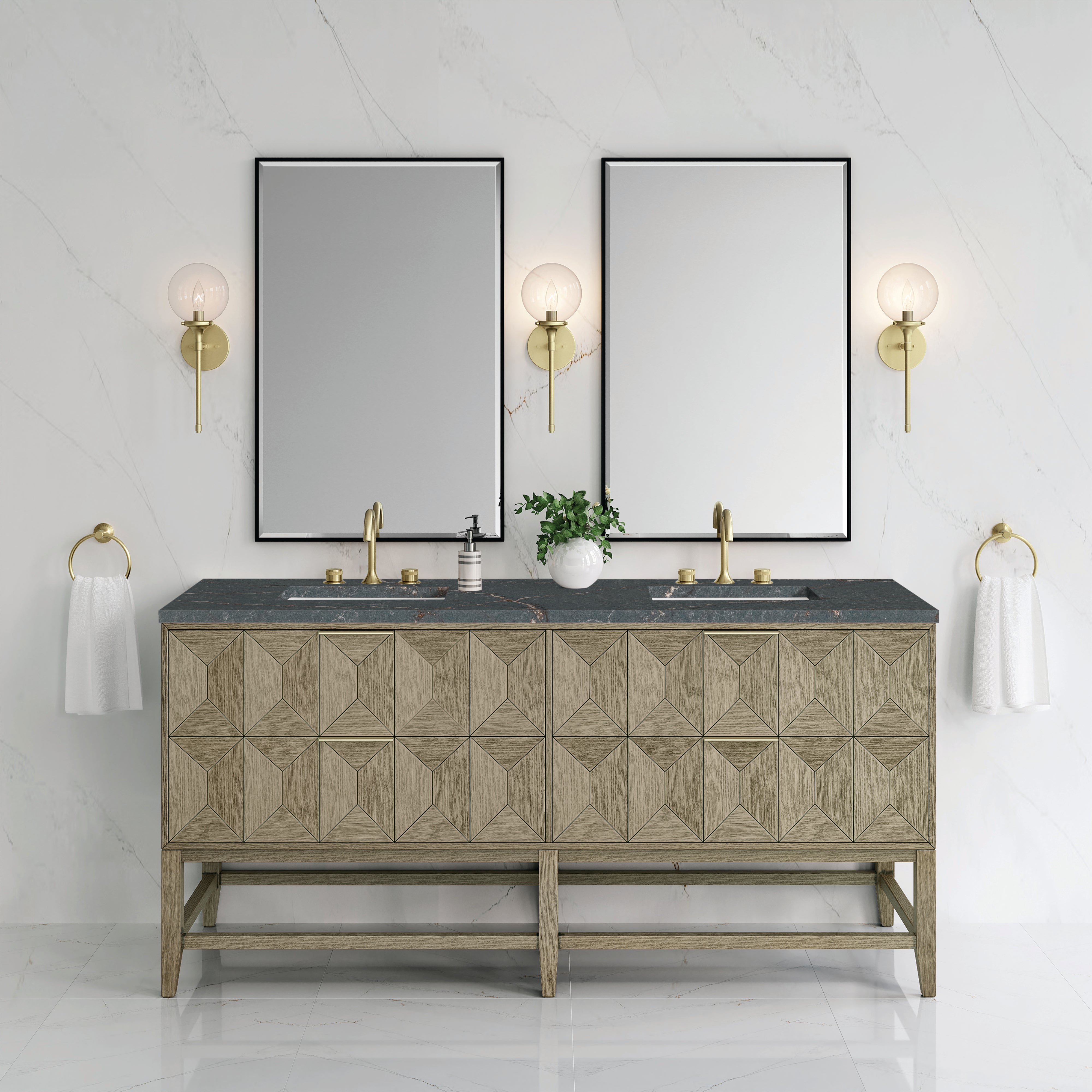 James Martin Emmeline 72" Double Vanity in Pebble Oak with 3cm Countertop