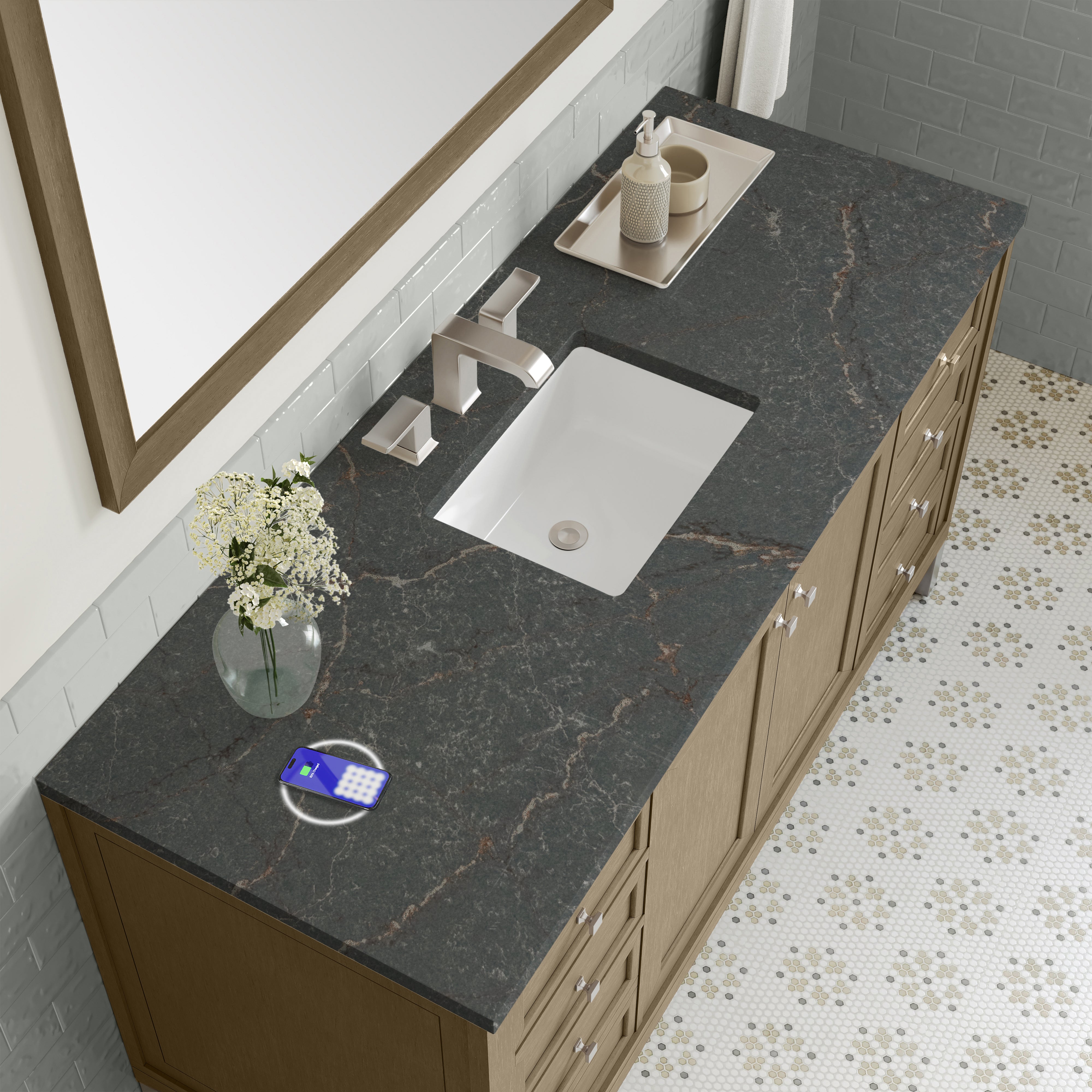 James Martin Chicago 60" Single Vanity in Walnut Whisper with 3cm Countertop and FreePower Wireless Charger