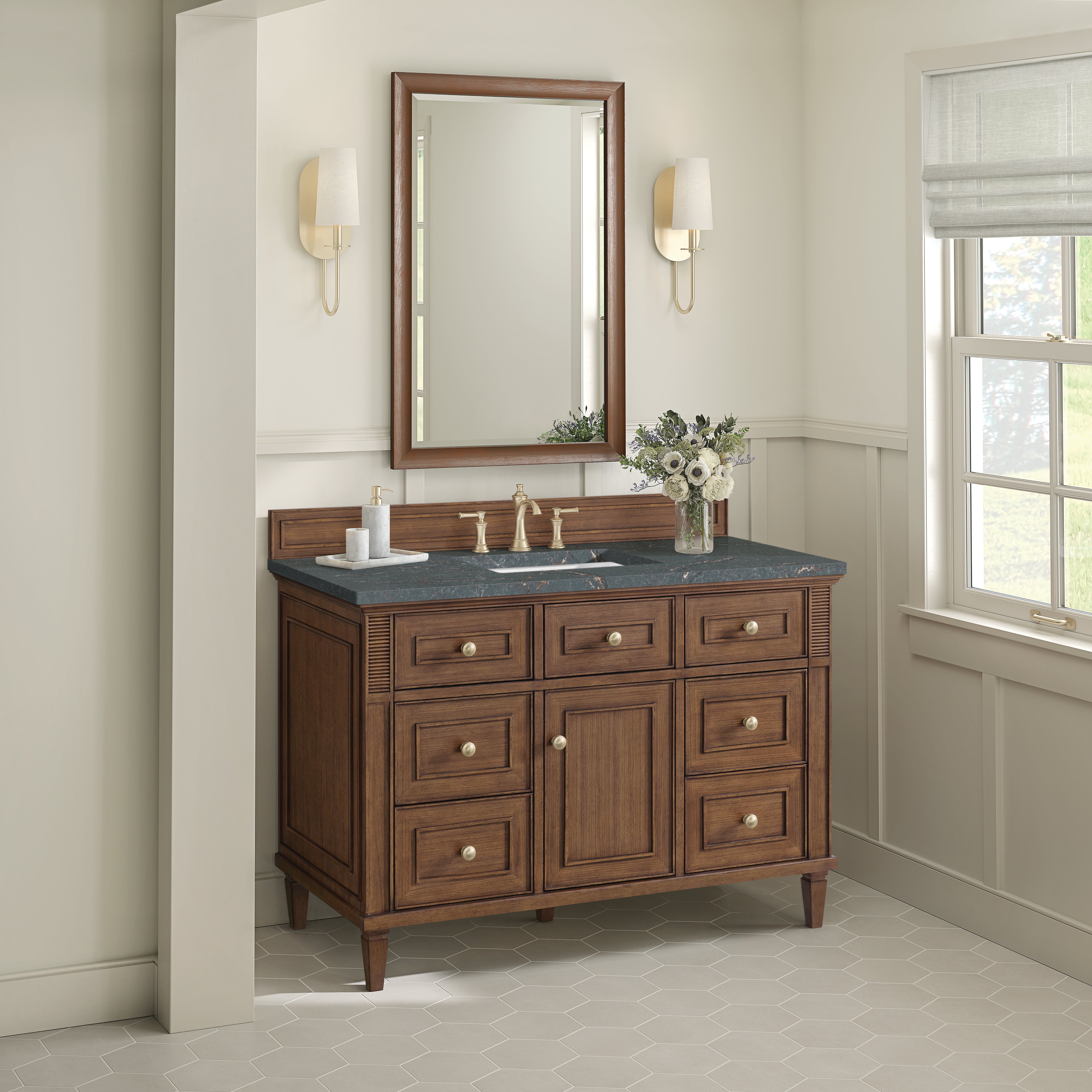 James Martin Lorelai 48" Single Vanity in Mid-Century Walnut with 3cm Countertop and FreePower Wireless Charger
