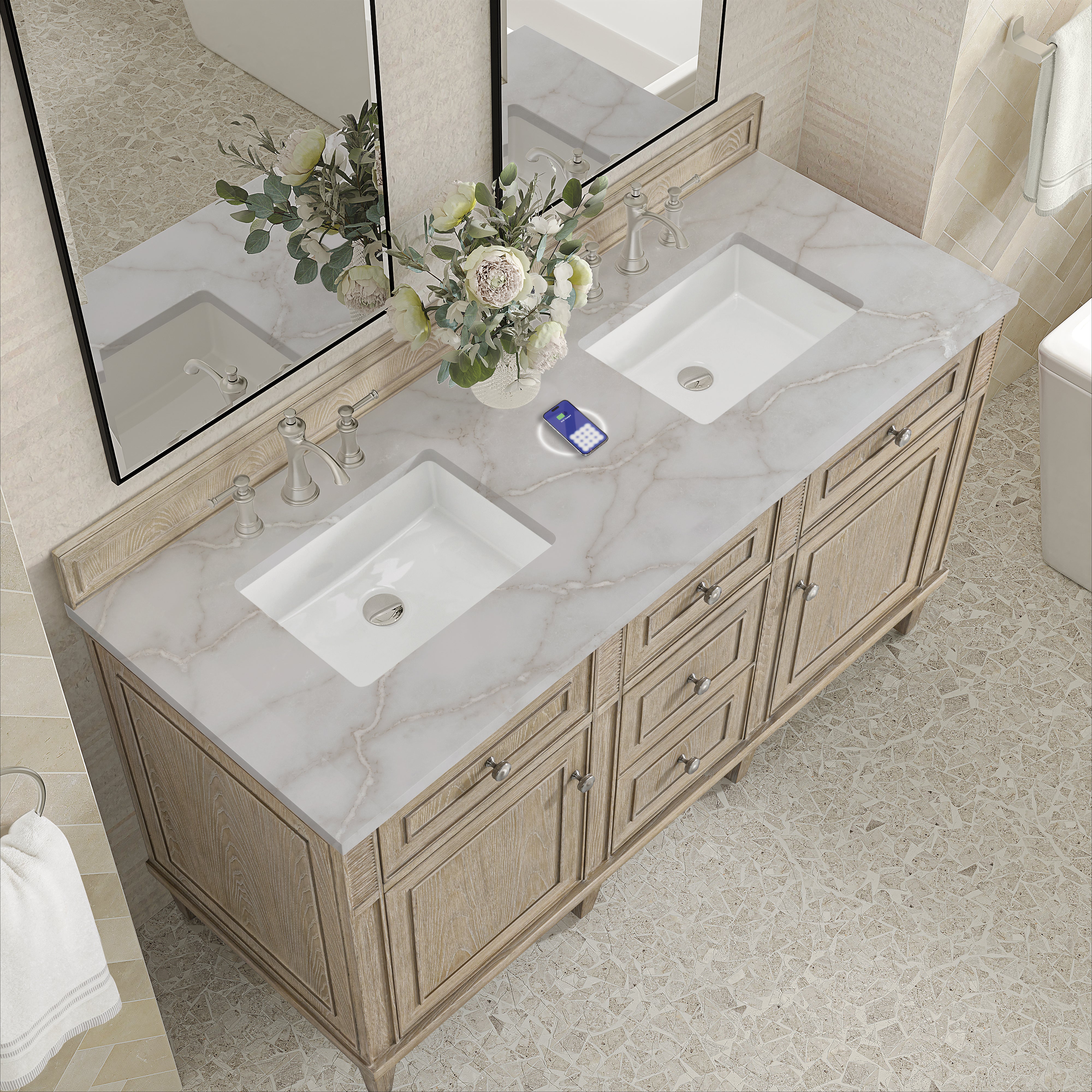 James Martin Lorelai 60" Double Vanity in Whitewashed Oak with 3cm Countertop and FreePower Wireless Charger