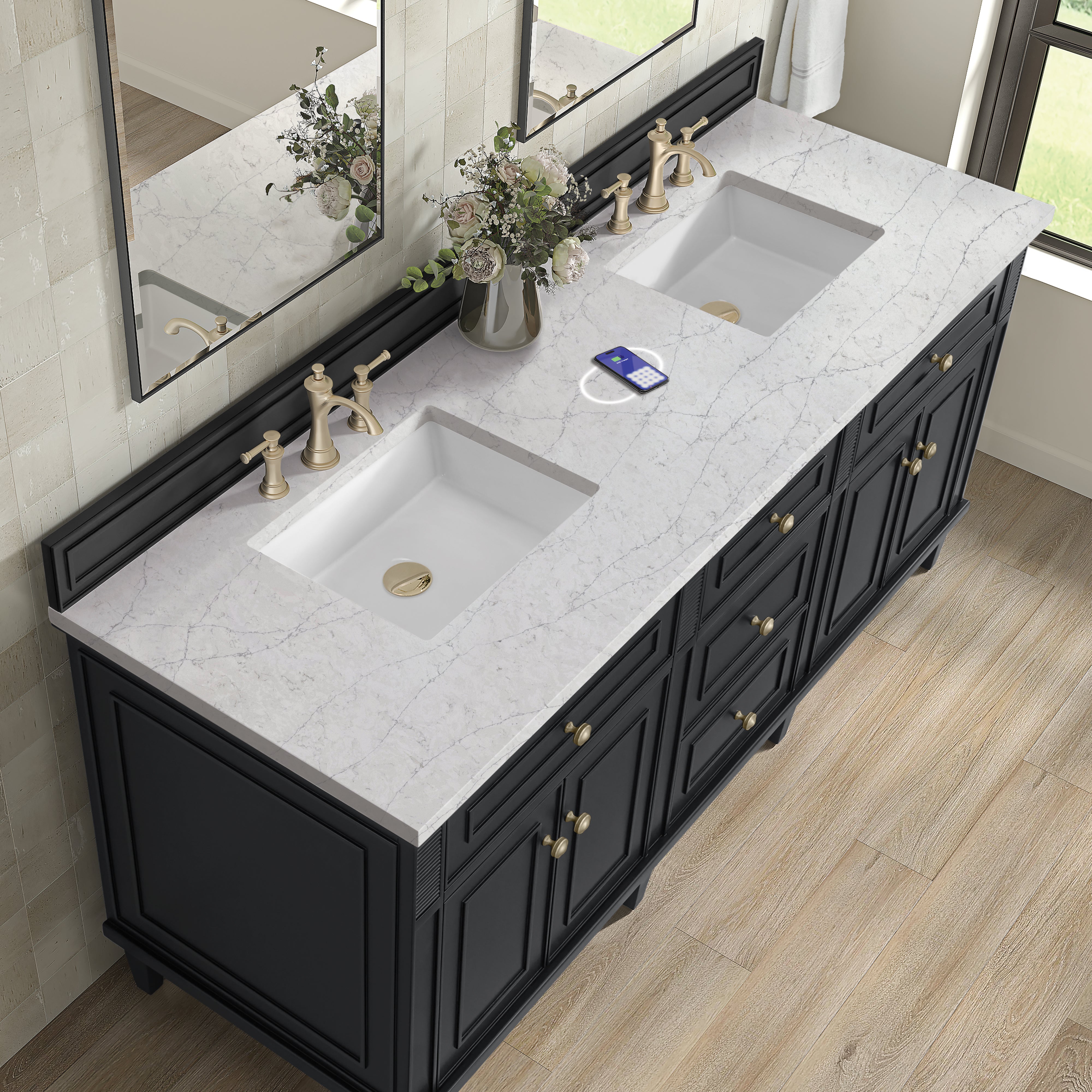 James Martin Lorelai 72" Double Vanity in Black Onyx with 3cm Countertop and FreePower Wireless Charger