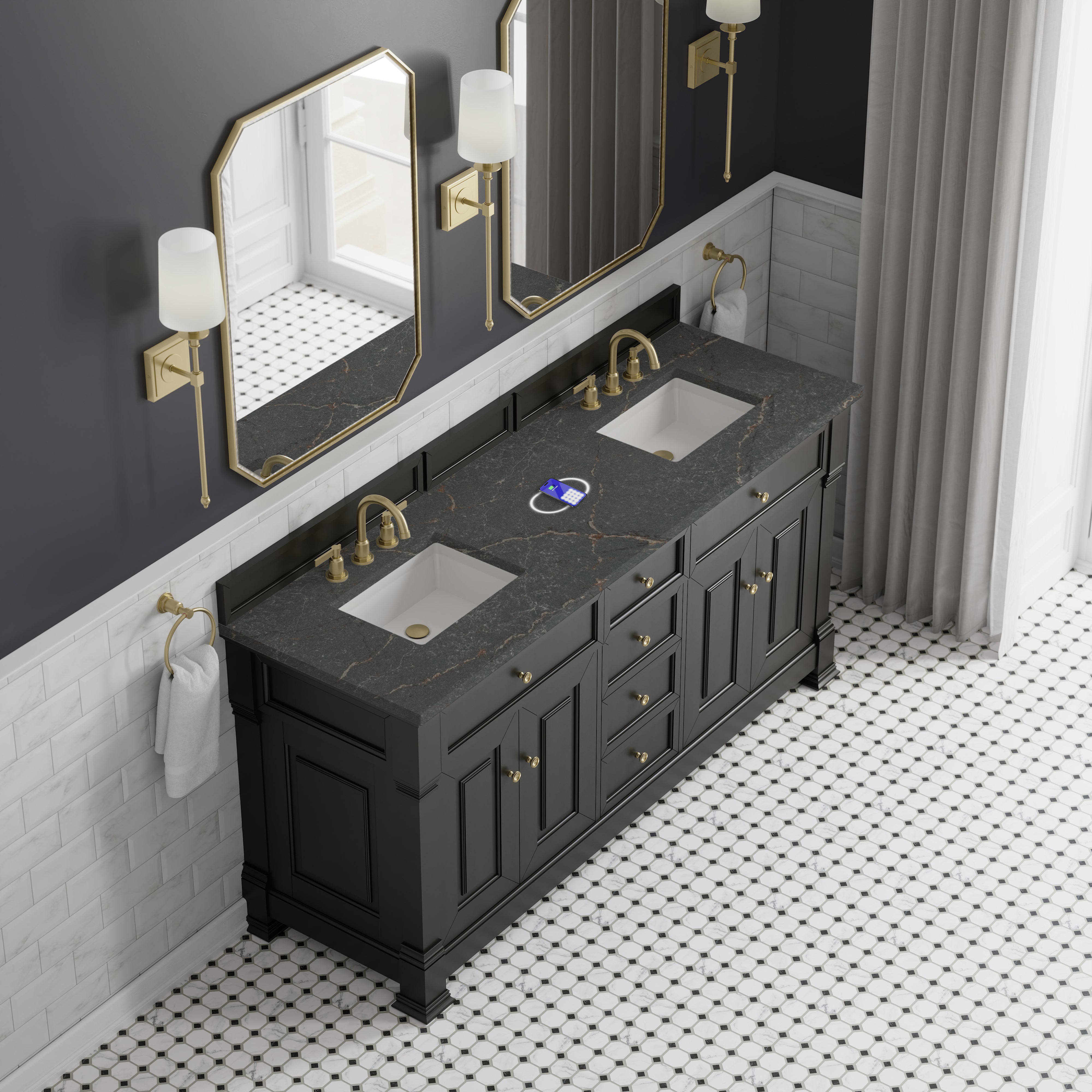 James Martin Brookfield 72" Double Vanity in Black Onyx with 3cm Countertop and FreePower Wireless Charger
