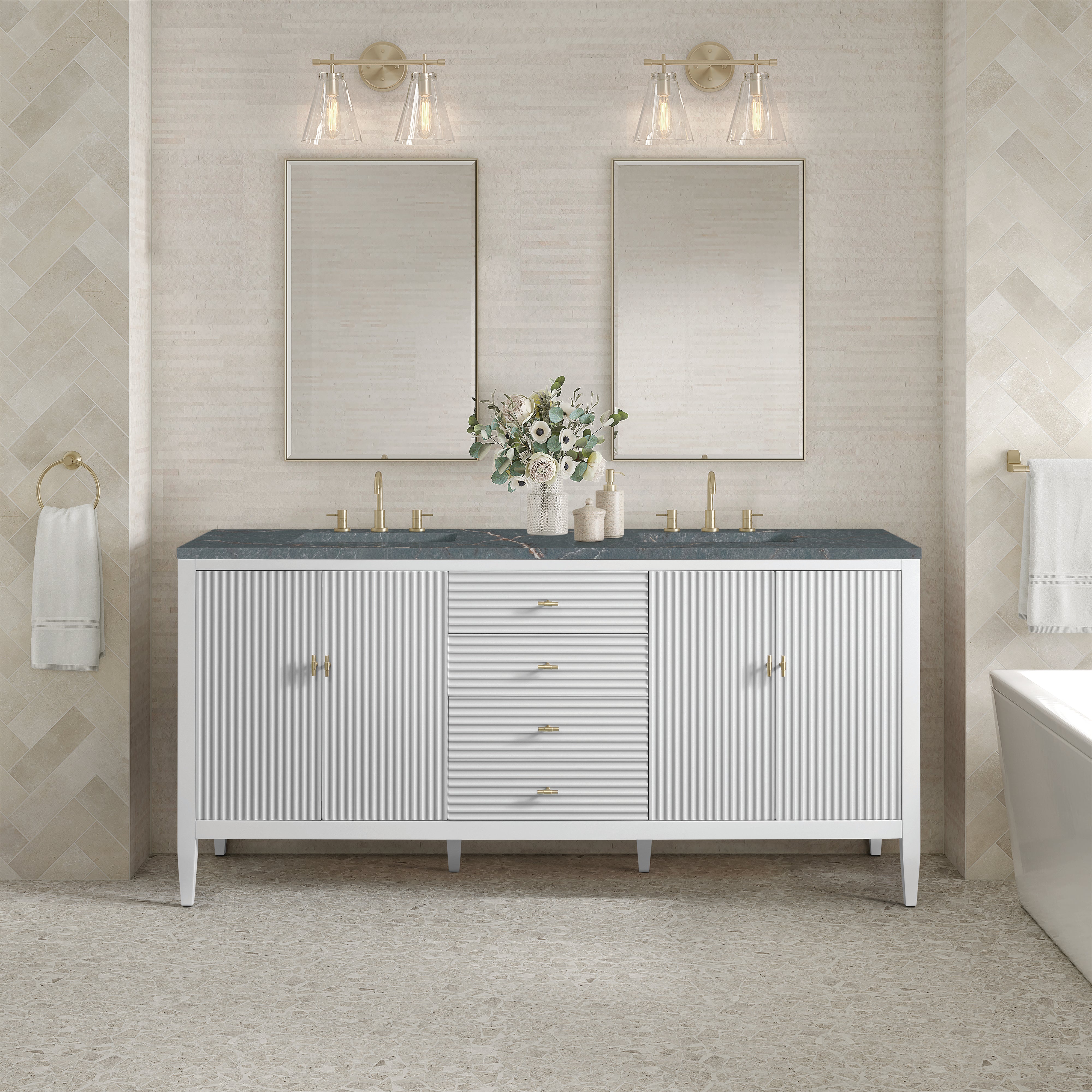 James Martin Myrrin 72" Double Vanity in Bright White with 3cm Countertop