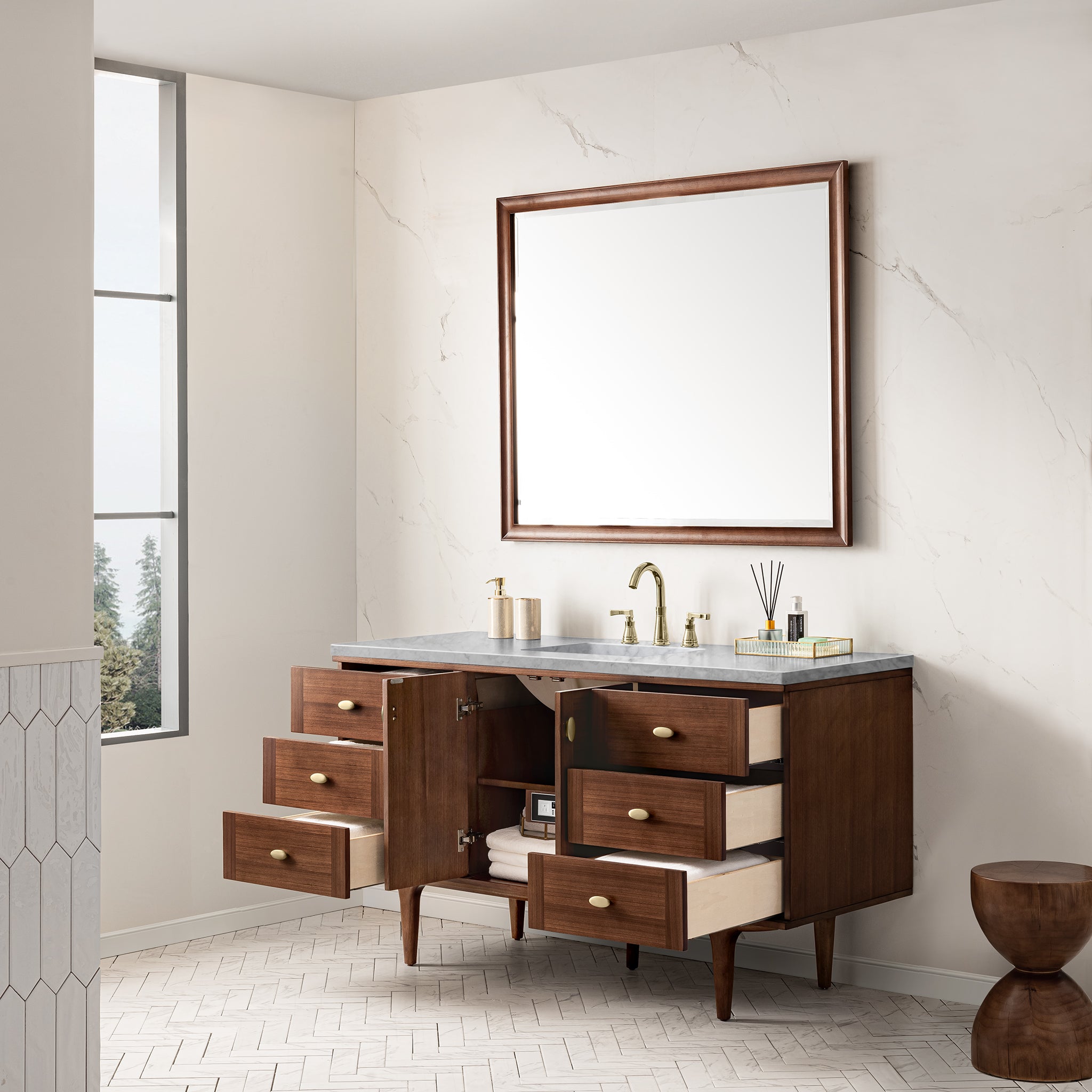 James Martin Amberly 60" Single Vanity in Mid-Century Walnut with 3cm Countertop
