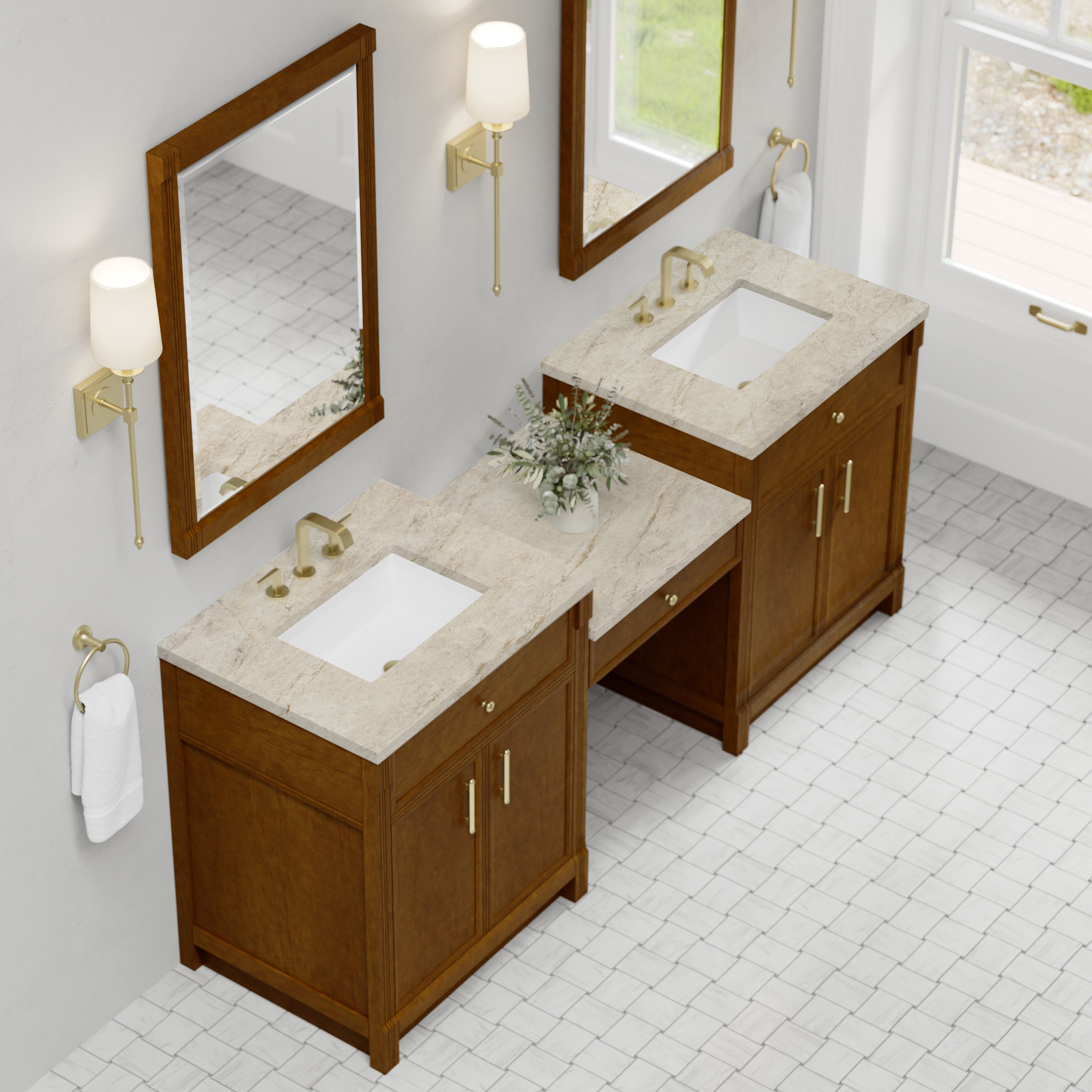 James Martin Bellshire 84" Dual Vanity Set with 24" Make-Up Counter in Honey Oak with 3cm Countertop