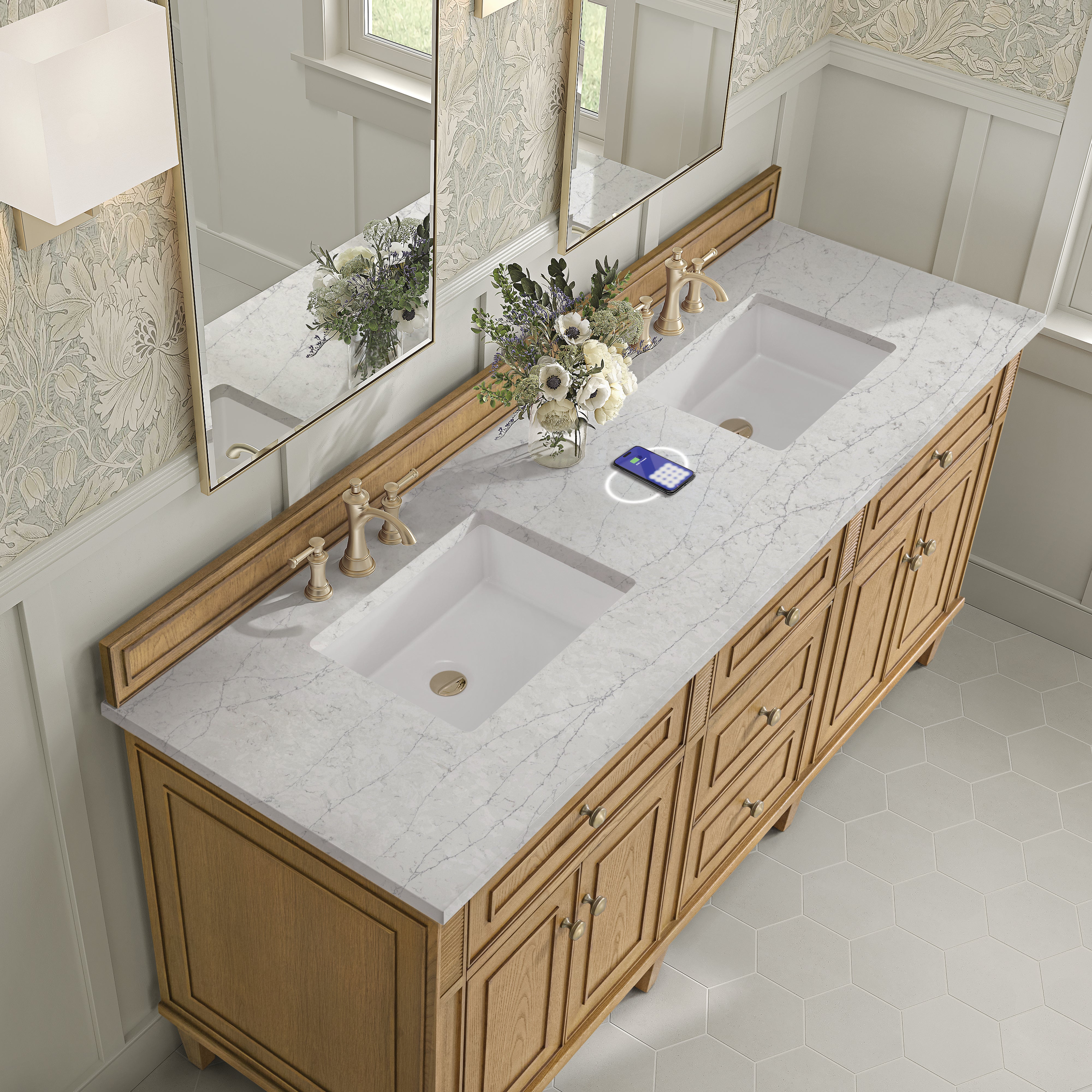 James Martin Lorelai 72" Double Vanity in Light Natural Oak with 3cm Countertop and FreePower Wireless Charger