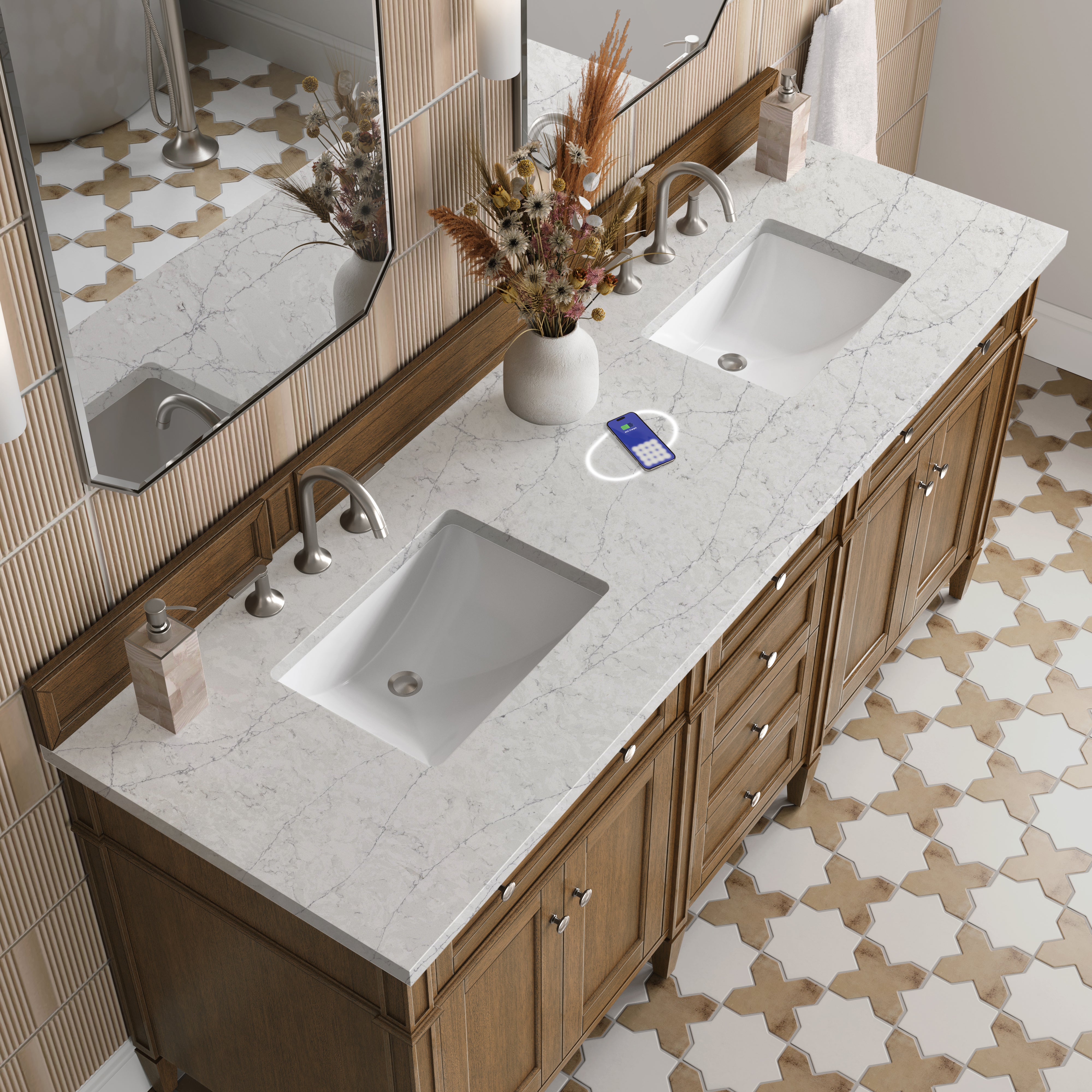 James Martin Brittany 72" Double Vanity in Saddle Brown with 3cm Countertop and FreePower Wireless Charger