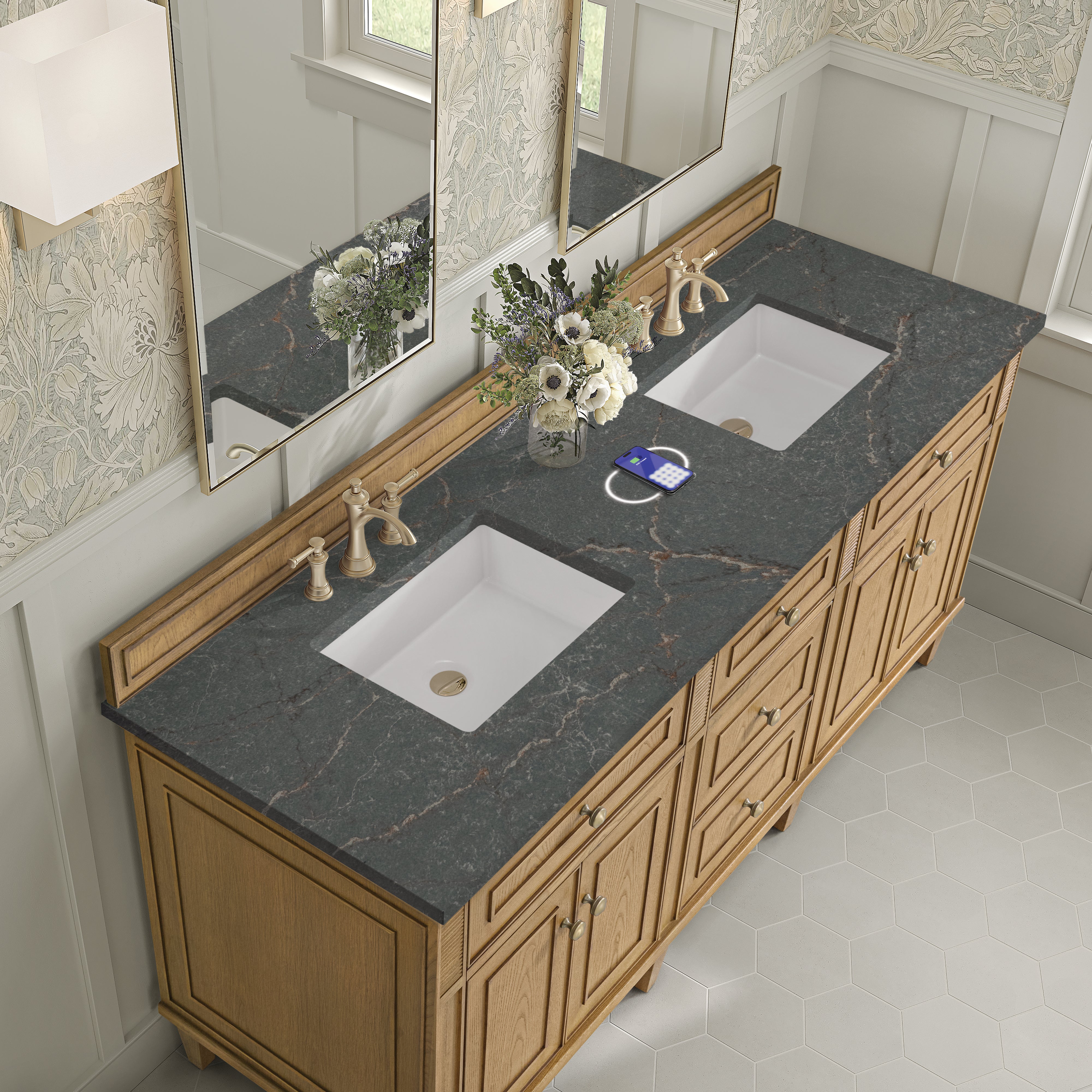 James Martin Lorelai 72" Double Vanity in Light Natural Oak with 3cm Countertop and FreePower Wireless Charger