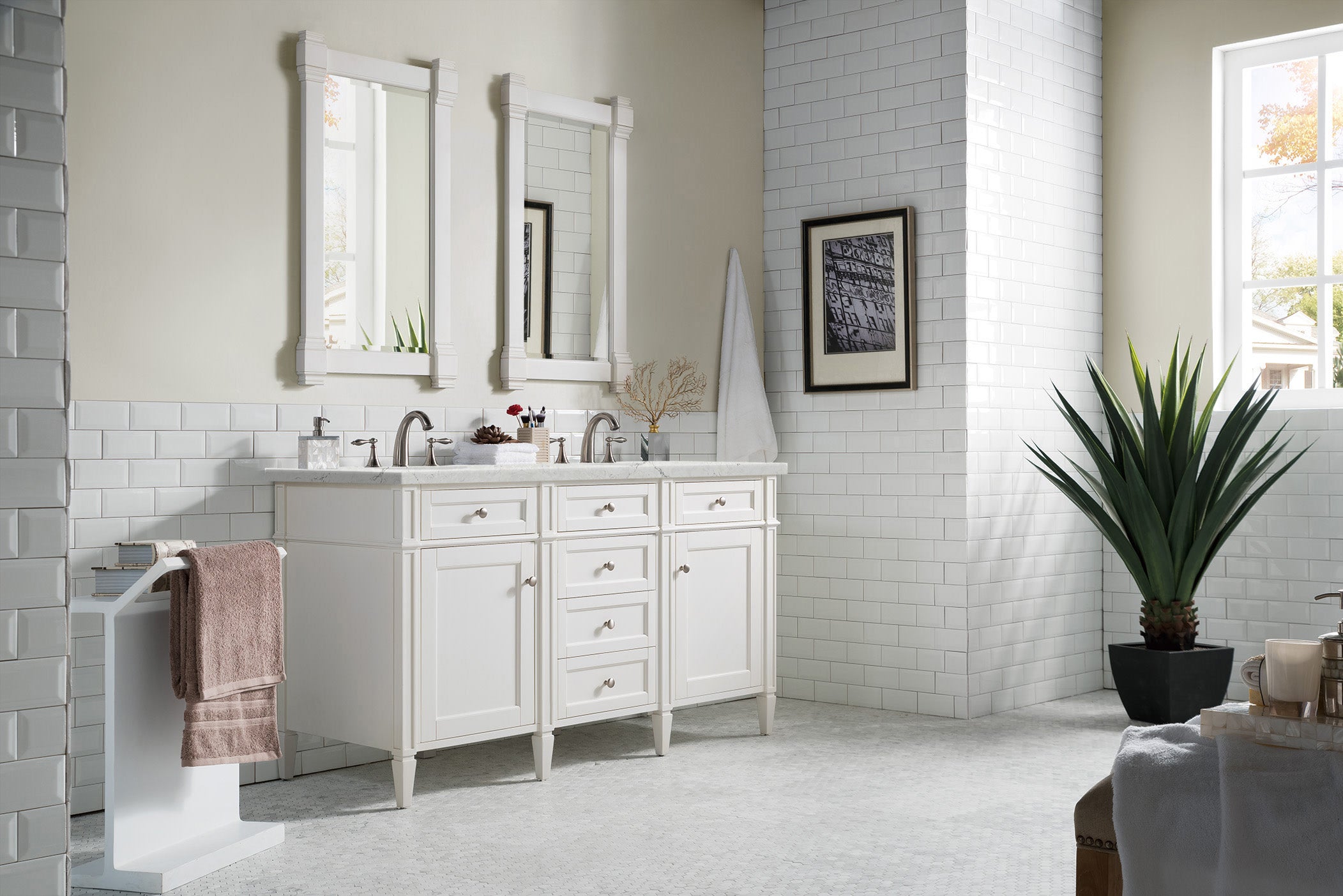 James Martin Brittany 60" Double Vanity in Bright White with 3cm Countertop
