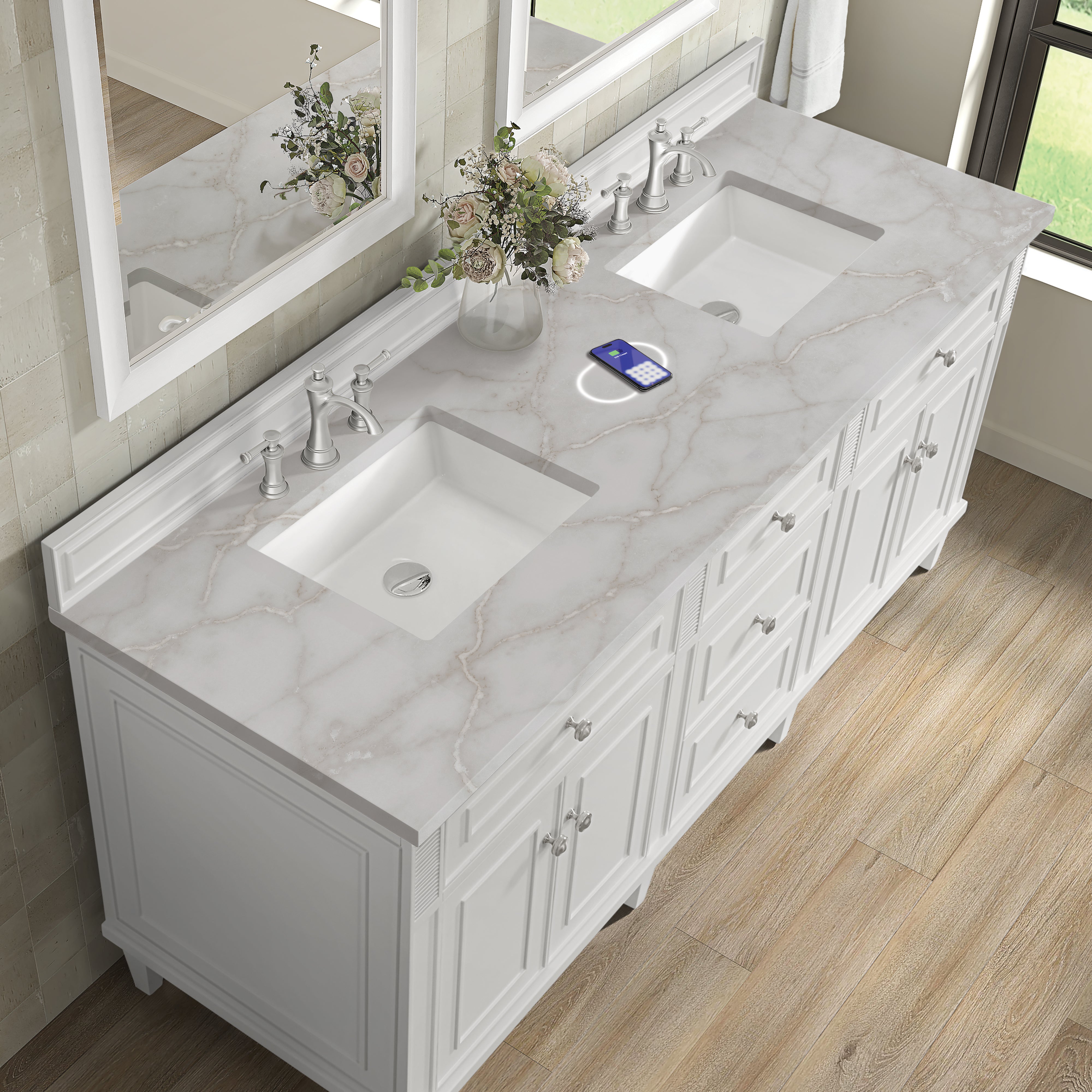 James Martin Lorelai 72" Double Vanity in Bright White with 3cm Countertop and FreePower Wireless Charger