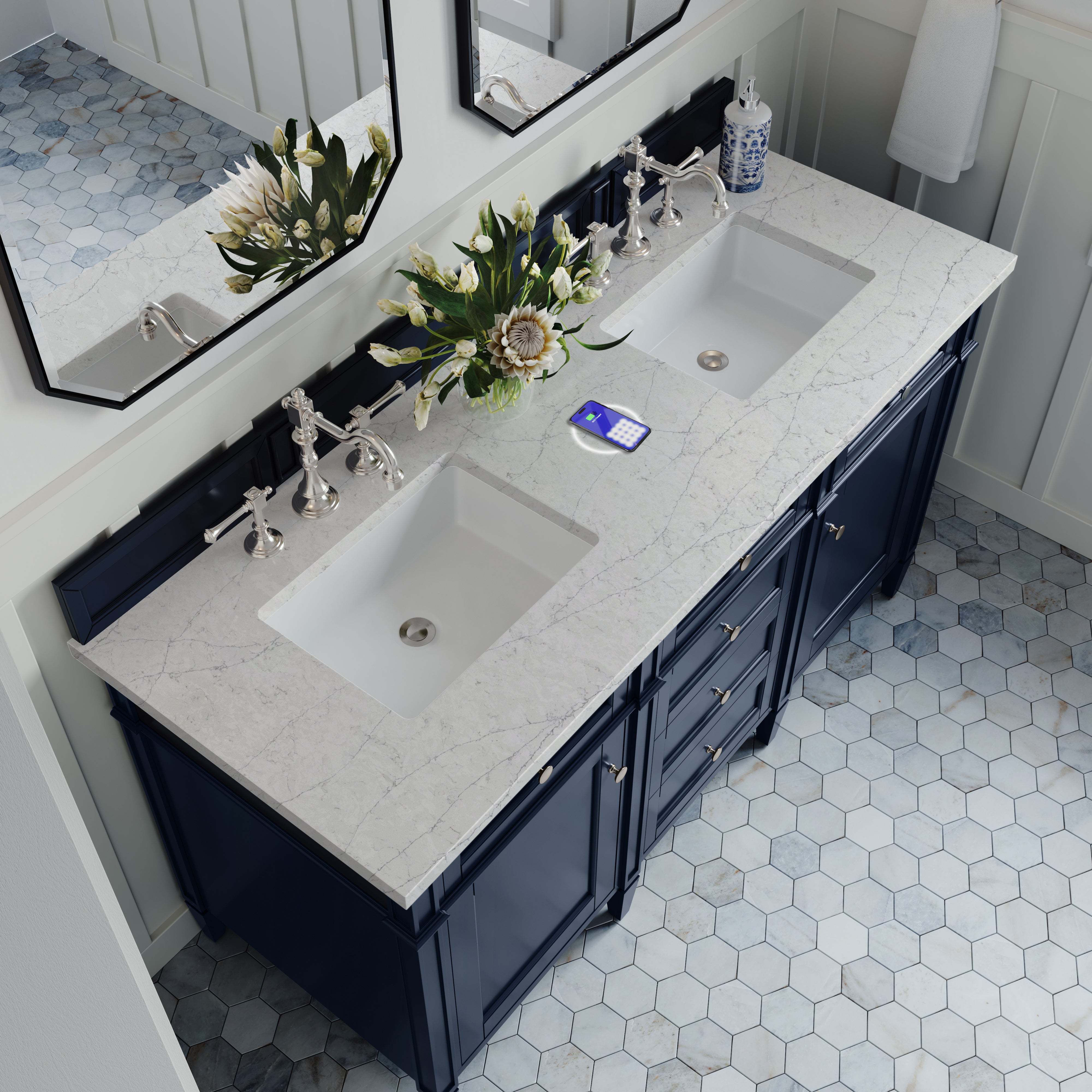 James Martin Brittany 60" Double Vanity in Victory Bleu with 3cm Countertop and FreePower Wireless Charger