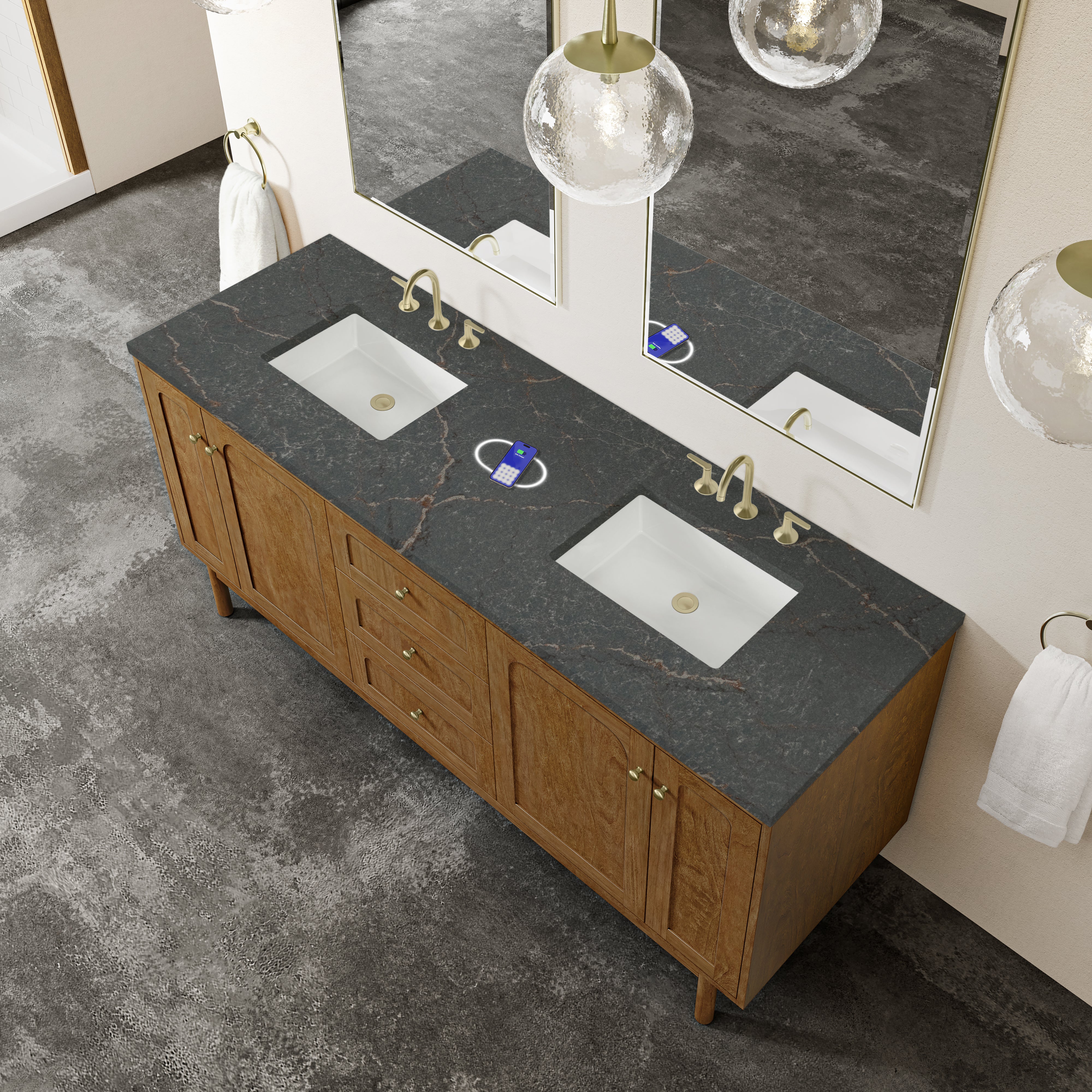 James Martin Laurent 72" Double Vanity in Honey Oak with 3cm Countertop and FreePower Wireless Charger