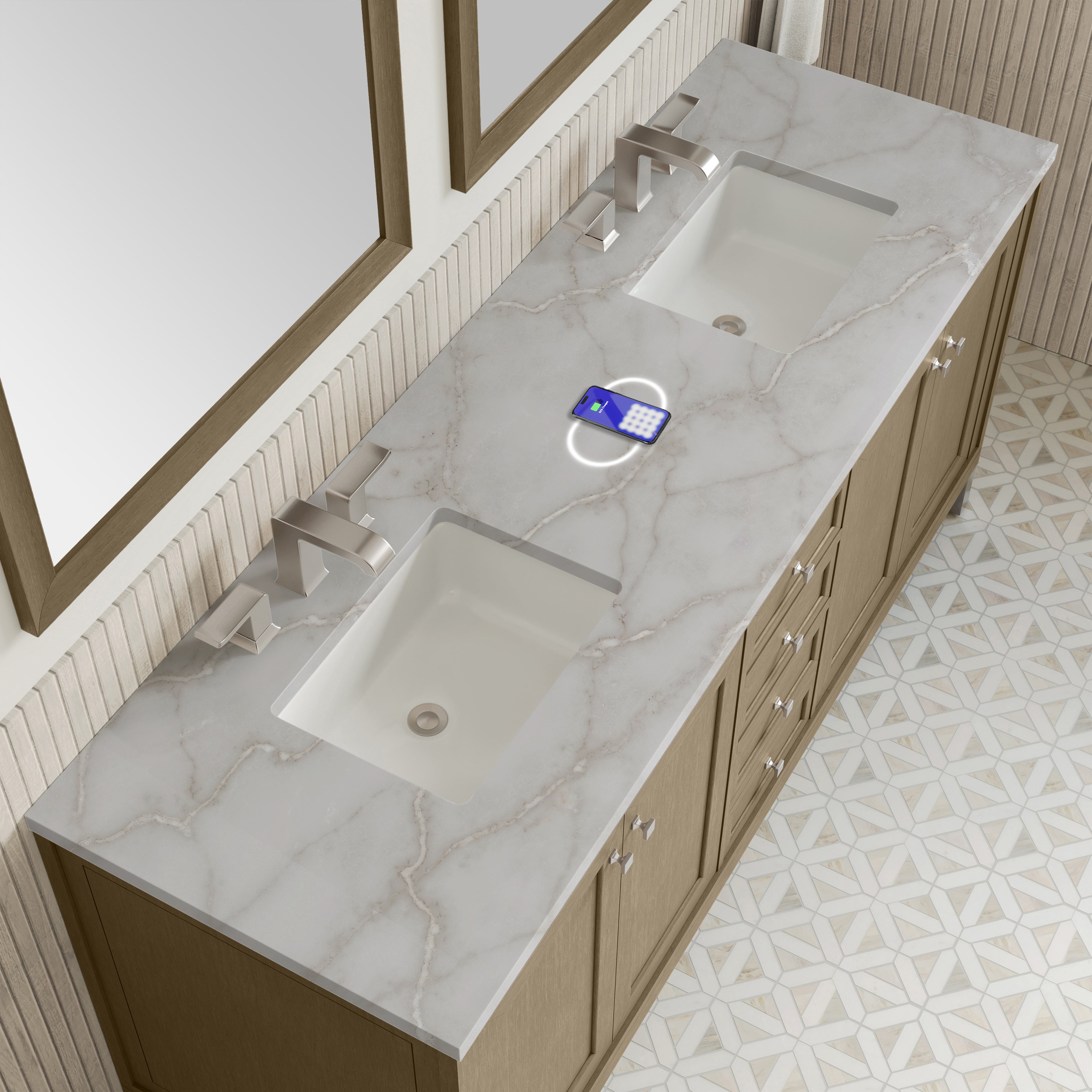 James Martin Chicago 72" Double Vanity in Walnut Whisper with 3cm Countertop and FreePower Wireless Charger