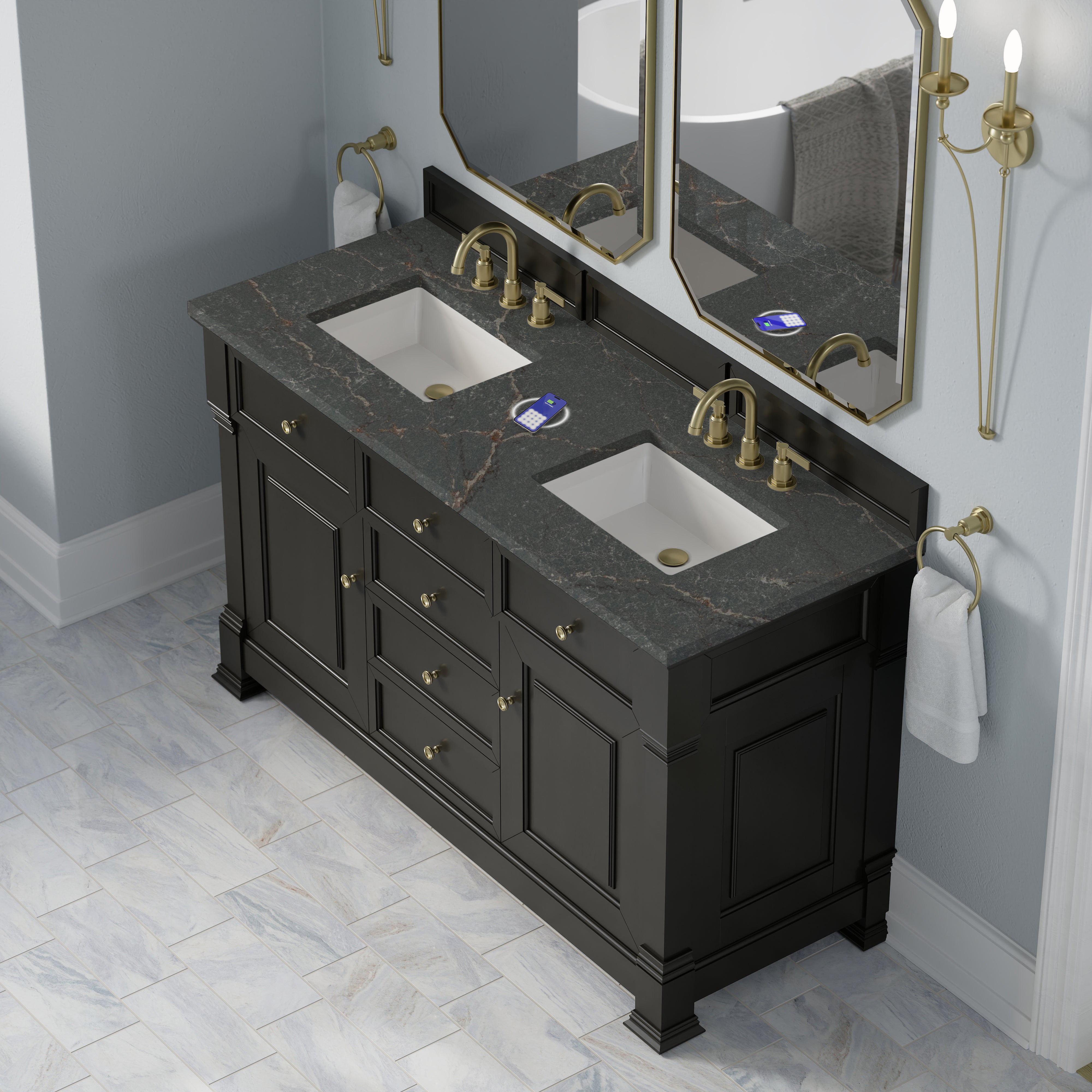 James Martin Brookfield 60" Double Vanity in Black Onyx with 3cm Countertop and FreePower Wireless Charger