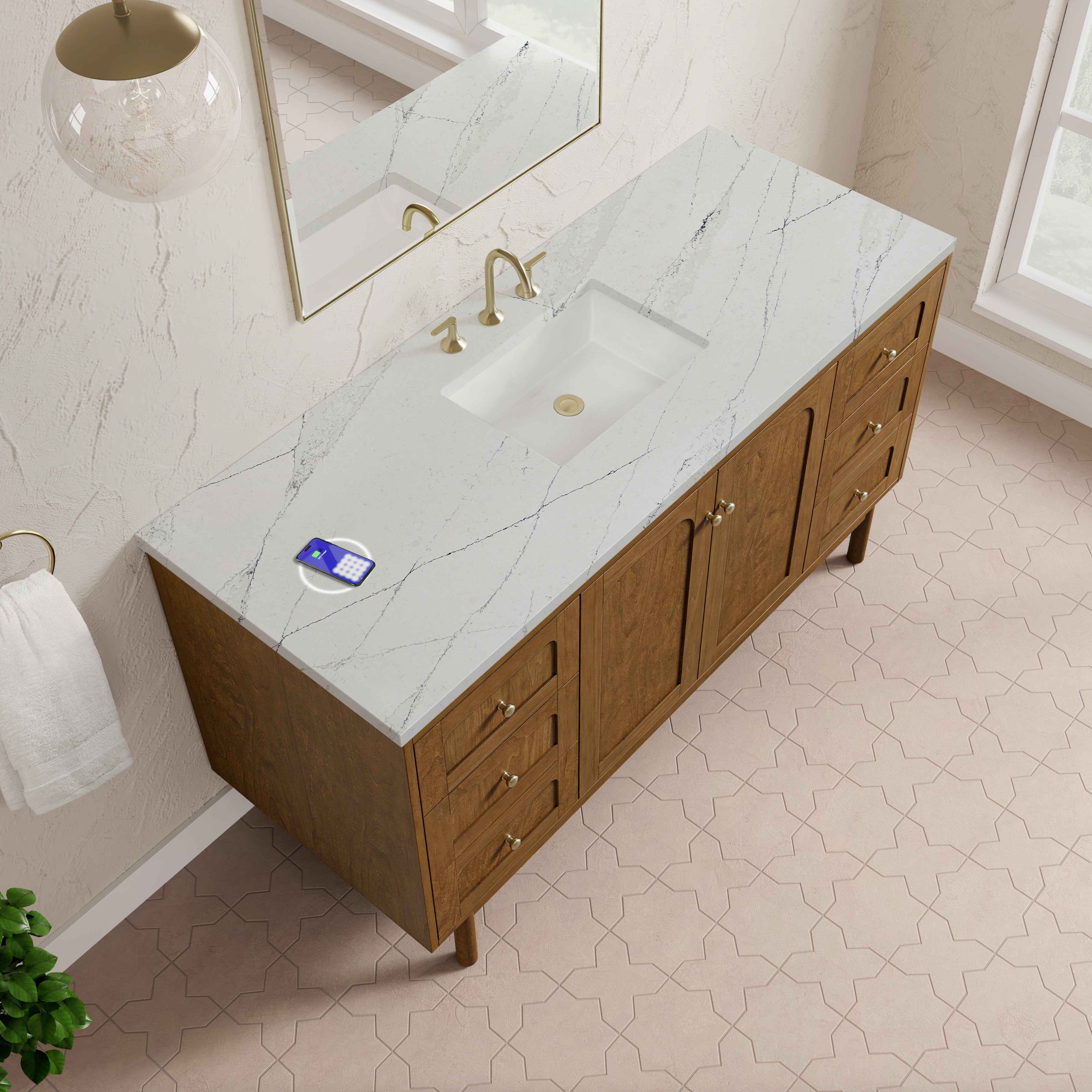 James Martin Laurent 60" Single Vanity in Honey Oak with 3cm Countertop and FreePower Wireless Charger