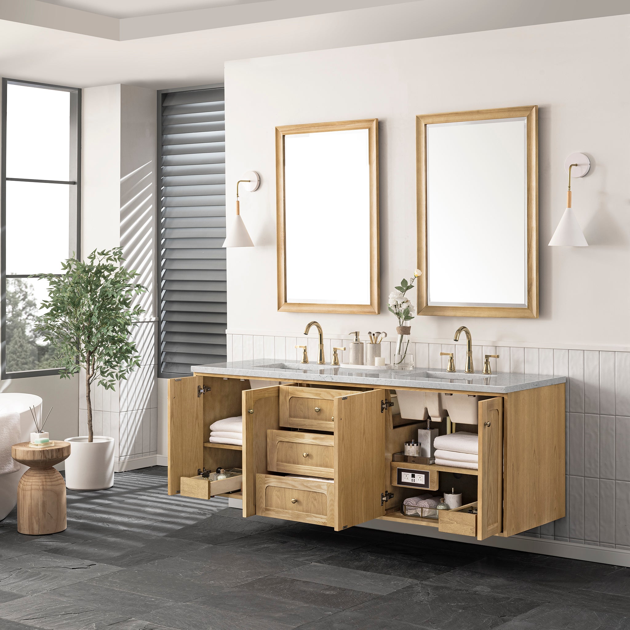 James Martin Laurent 72" Double Vanity in Light Natural Oak with 3cm Countertop and FreePower Wireless Charger