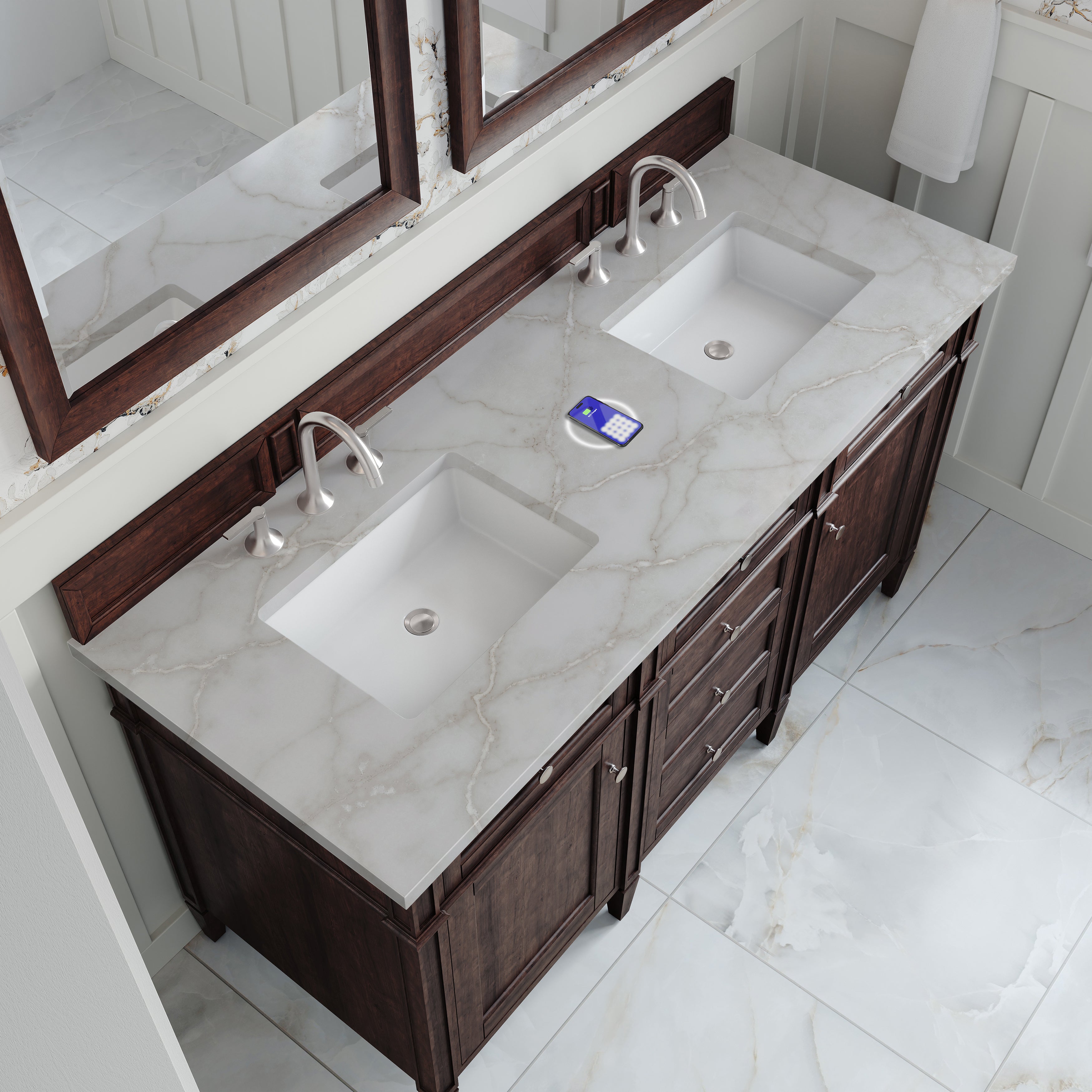 James Martin Brittany 60" Double Vanity in Burnished Mahogany with 3cm Countertop and FreePower Wireless Charger