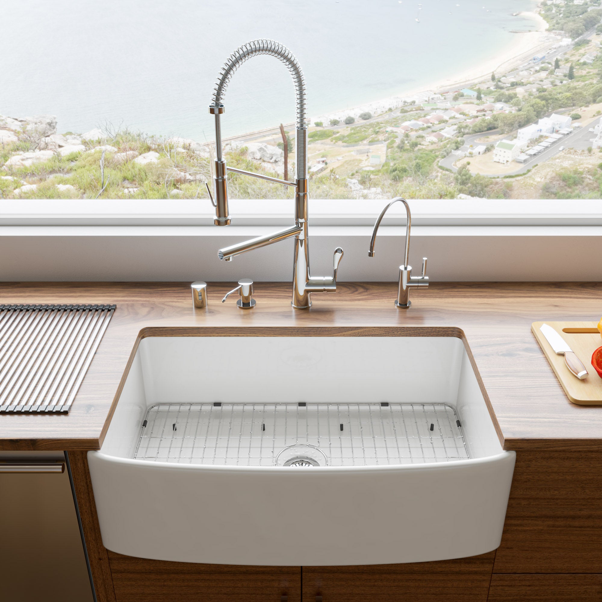ALFI brand ABFC3320S ABFC3320S-W White Smooth Curved Apron 33" x 20" Single Bowl Fireclay Farm Sink with Grid