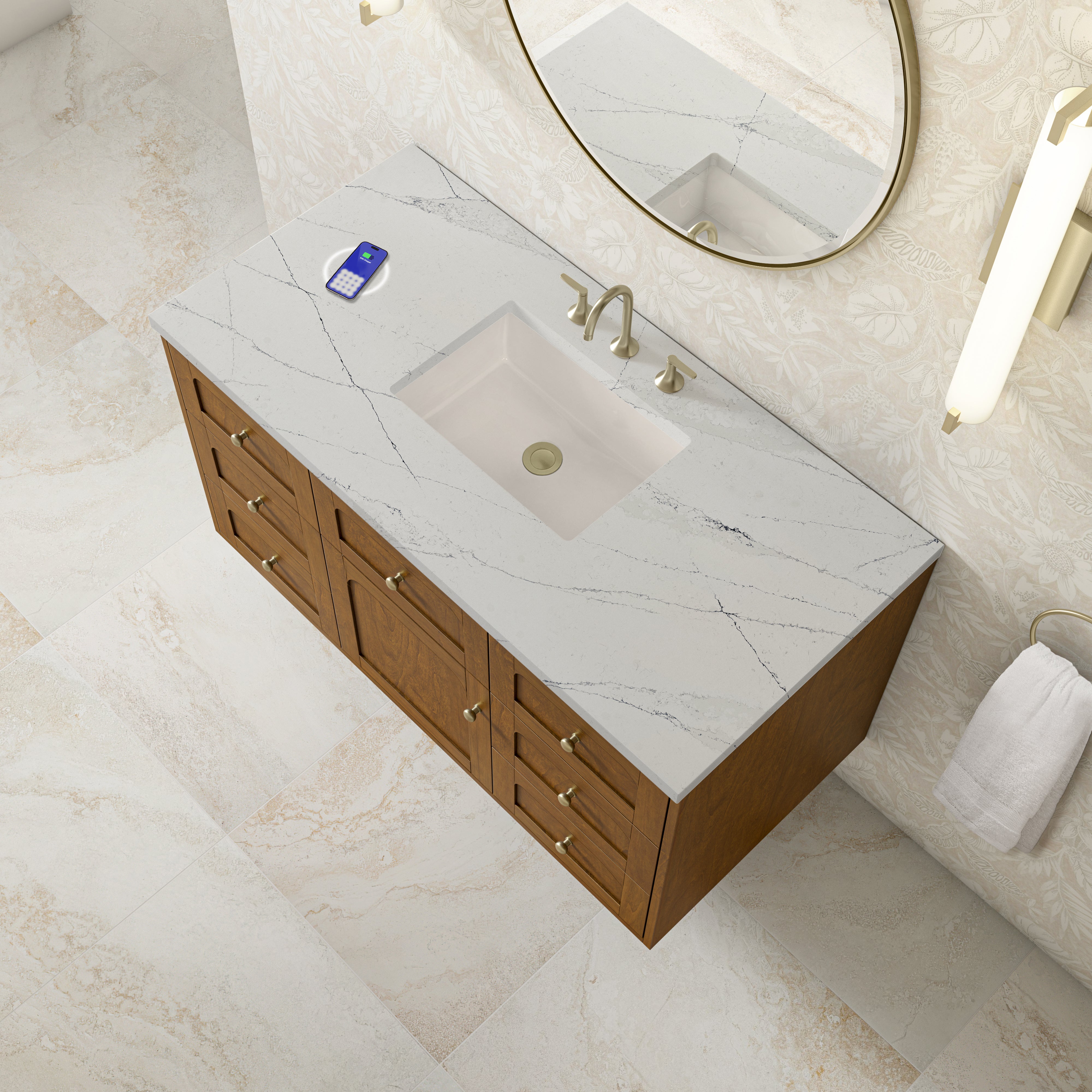 James Martin Laurent 48" Single Vanity in Honey Oak with 3cm Countertop and FreePower Wireless Charger
