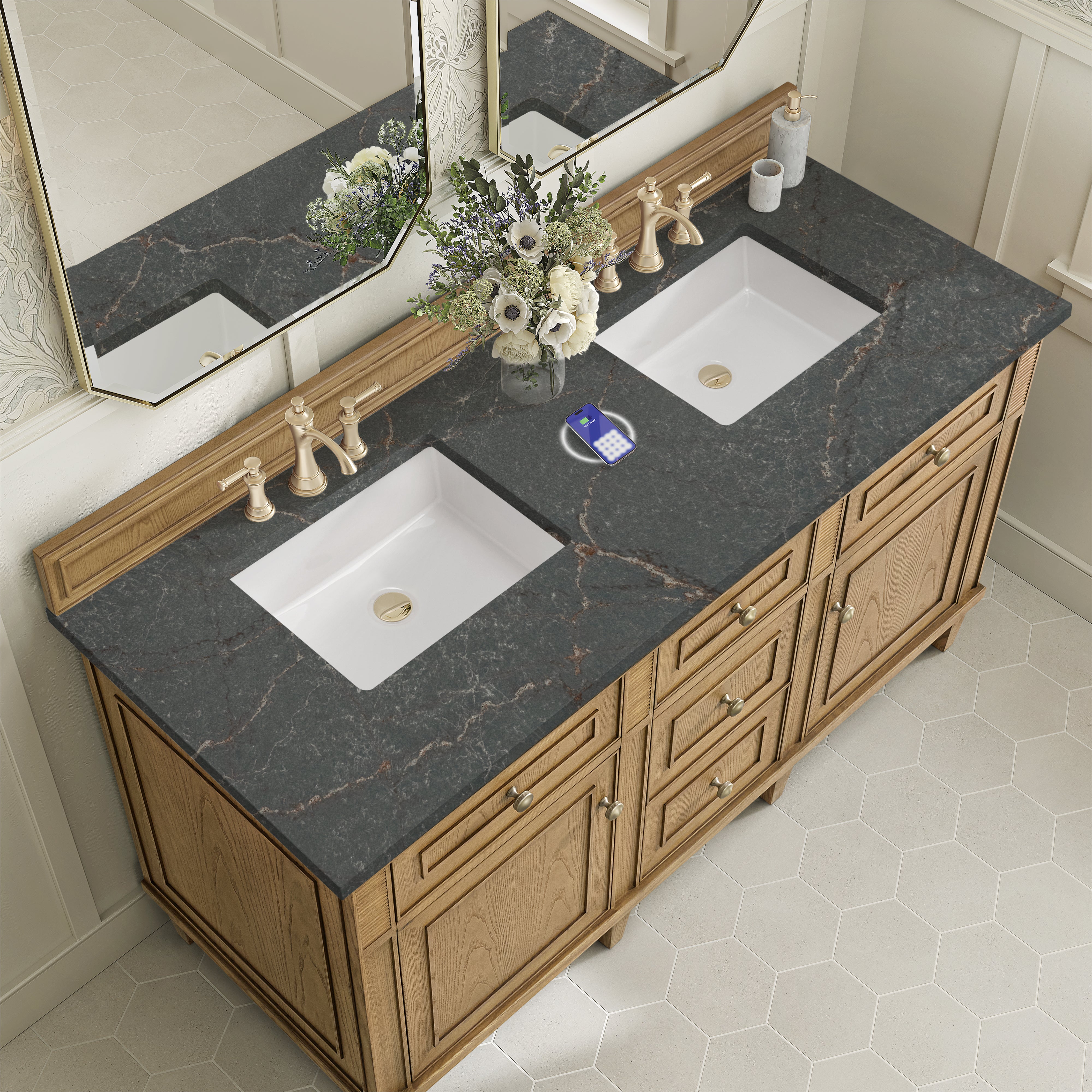 James Martin Lorelai 60" Double Vanity in Light Natural Oak with 3cm Countertop and FreePower Wireless Charger
