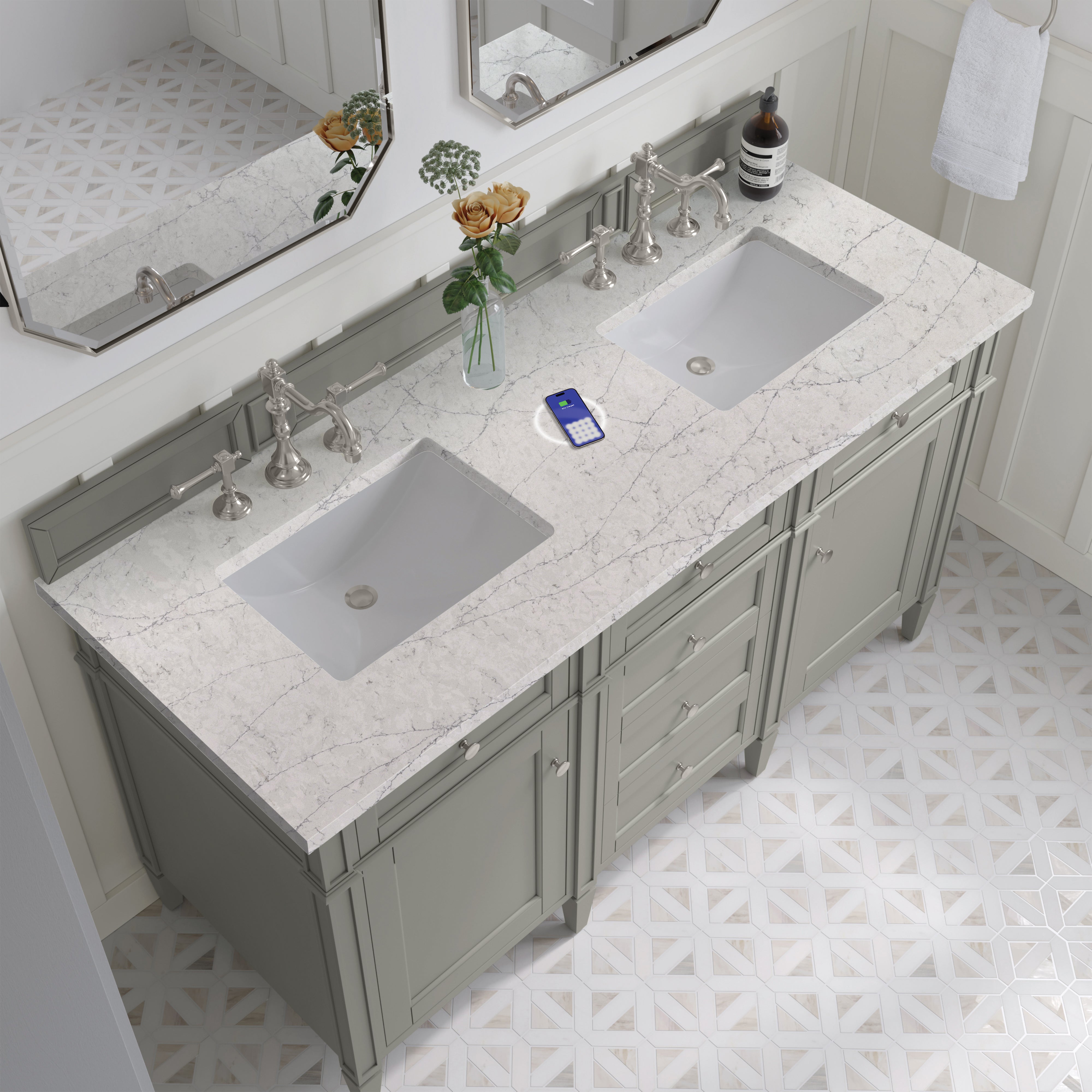 James Martin Brittany 60" Double Vanity in Urban Gray with 3cm Countertop and FreePower Wireless Charger
