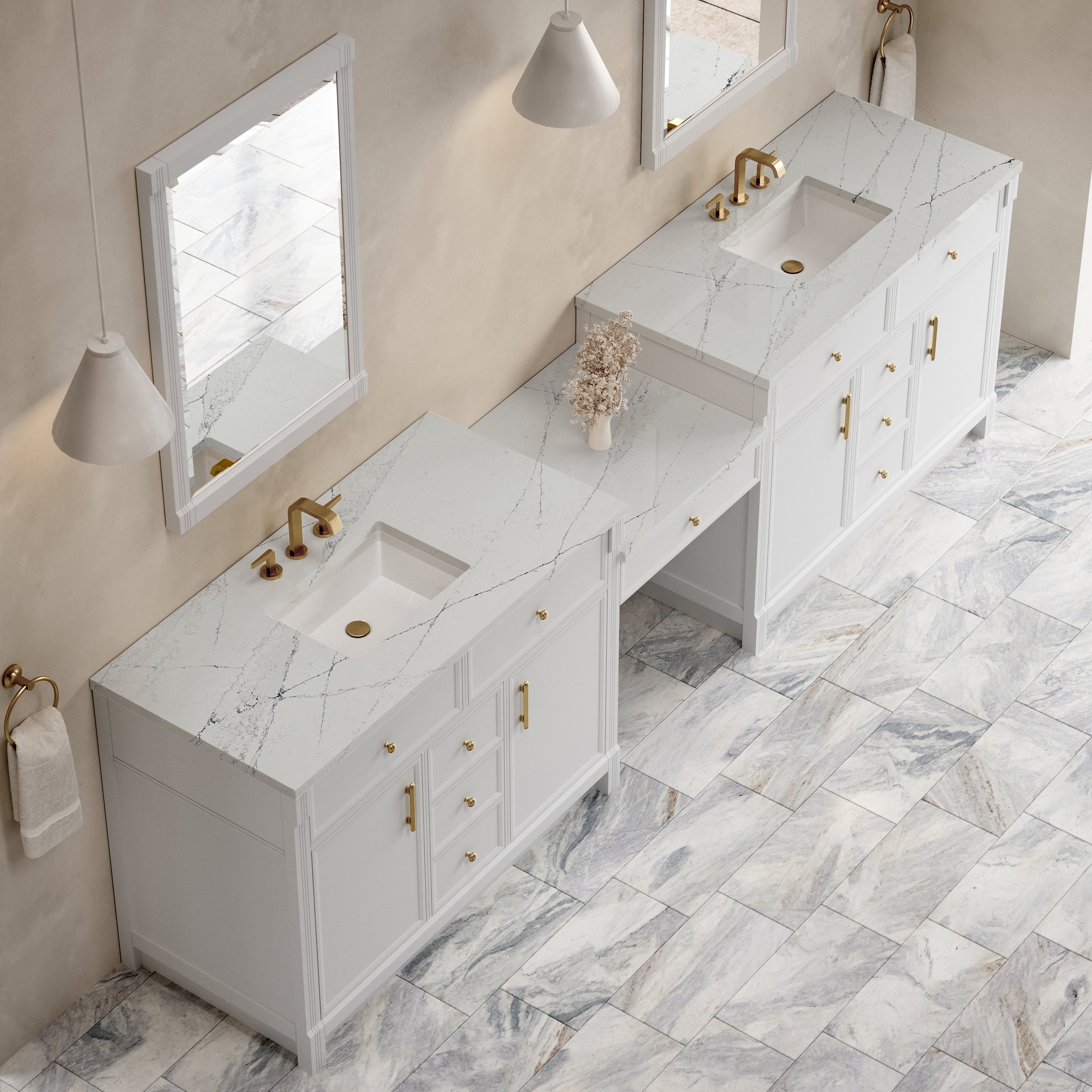 James Martin Bellshire 120" Dual Vanity Set with 24" Make-Up Counter in Bright White with 3cm Countertop