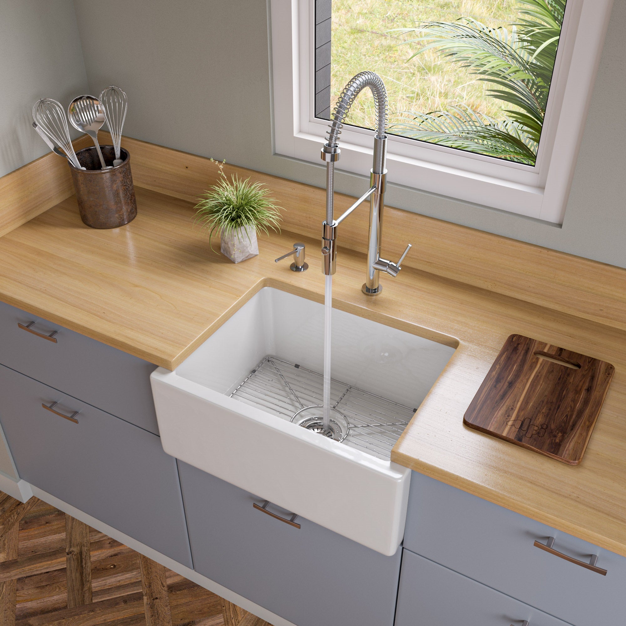 ALFI brand AB2418HS 24" Reversible Smooth / Fluted Single Bowl Fireclay Farm Sink – Biscuit, Black Gloss, Black Matte, White
