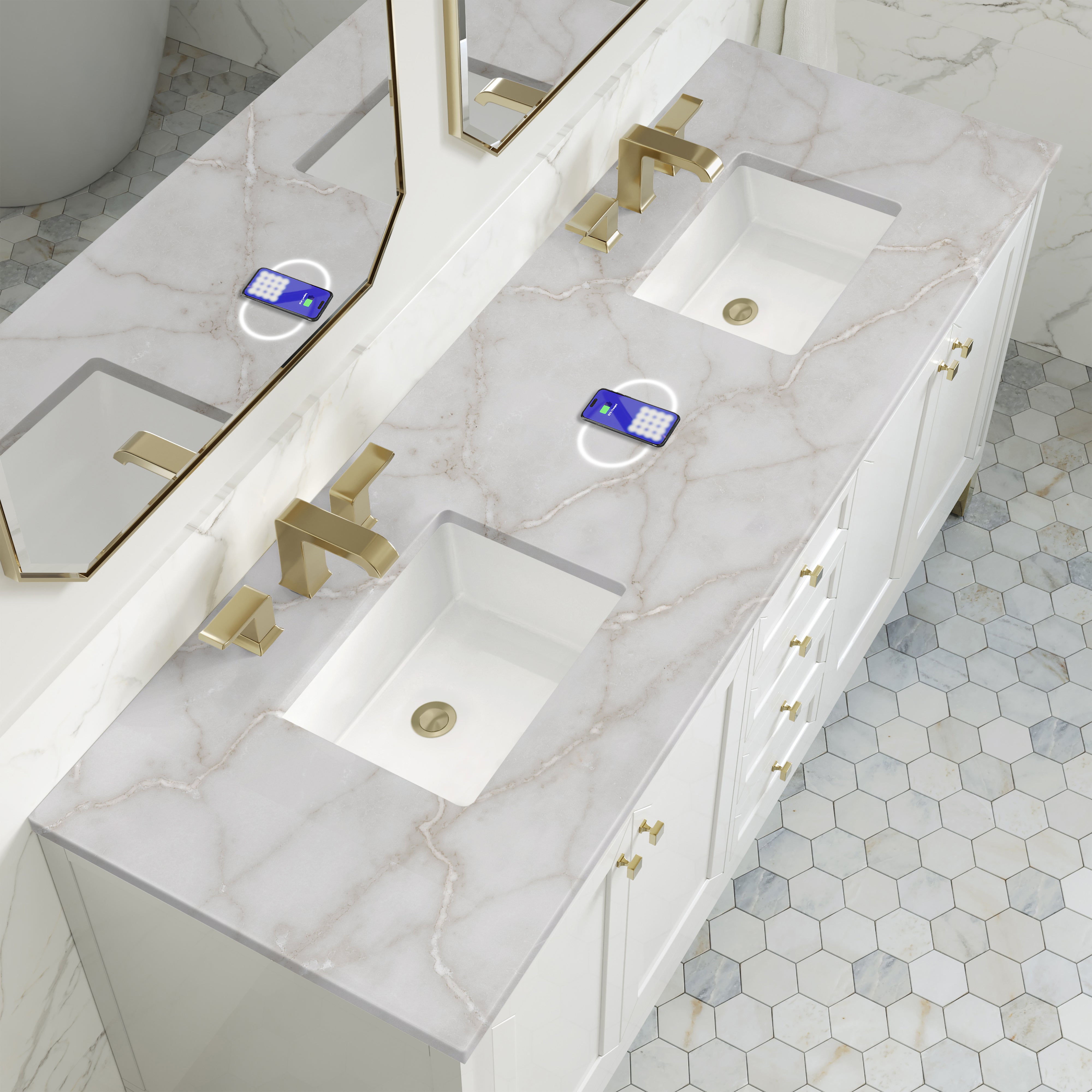 James Martin Chicago 72" Double Vanity in Glossy White with 3cm Countertop and FreePower Wireless Charger