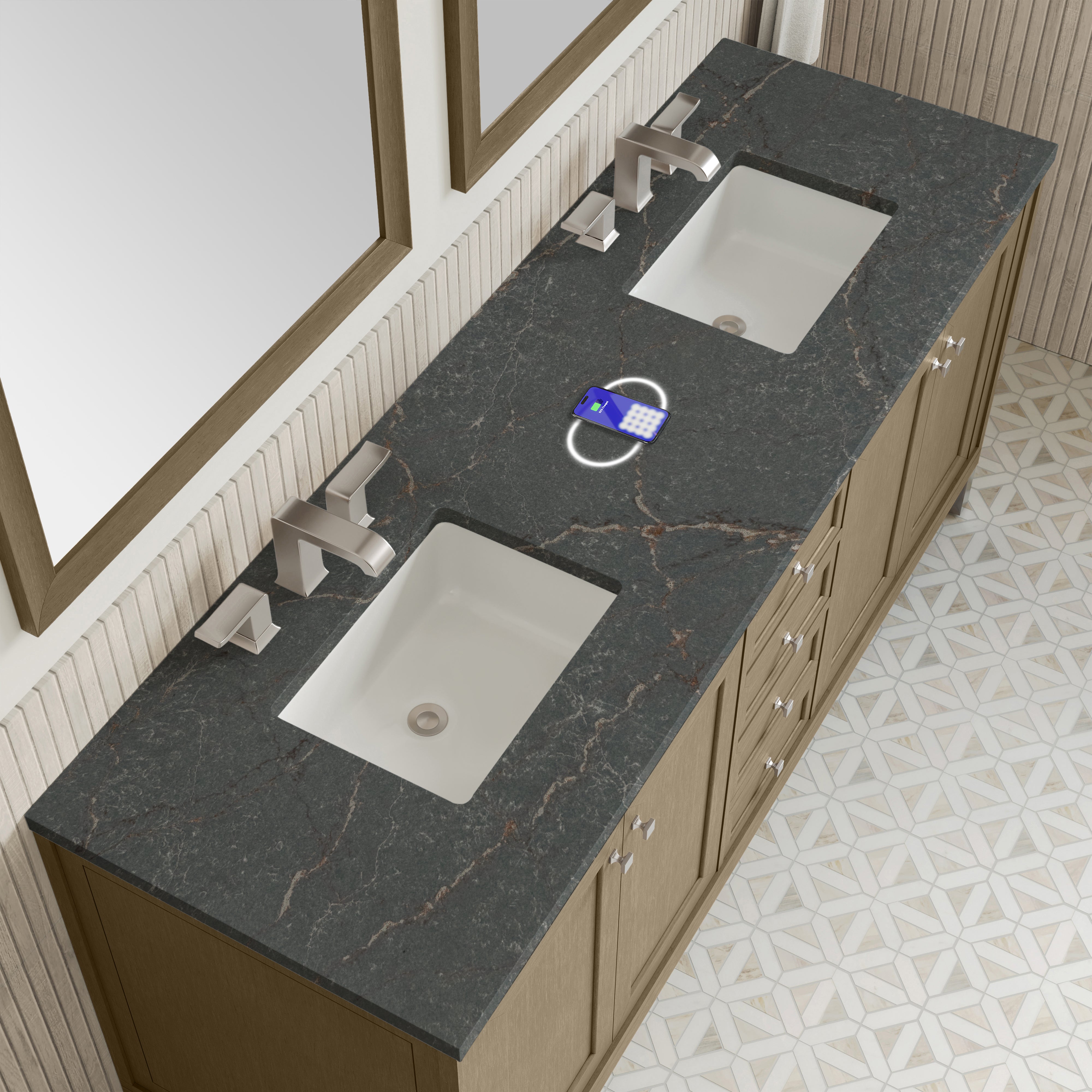 James Martin Chicago 72" Double Vanity in Walnut Whisper with 3cm Countertop and FreePower Wireless Charger