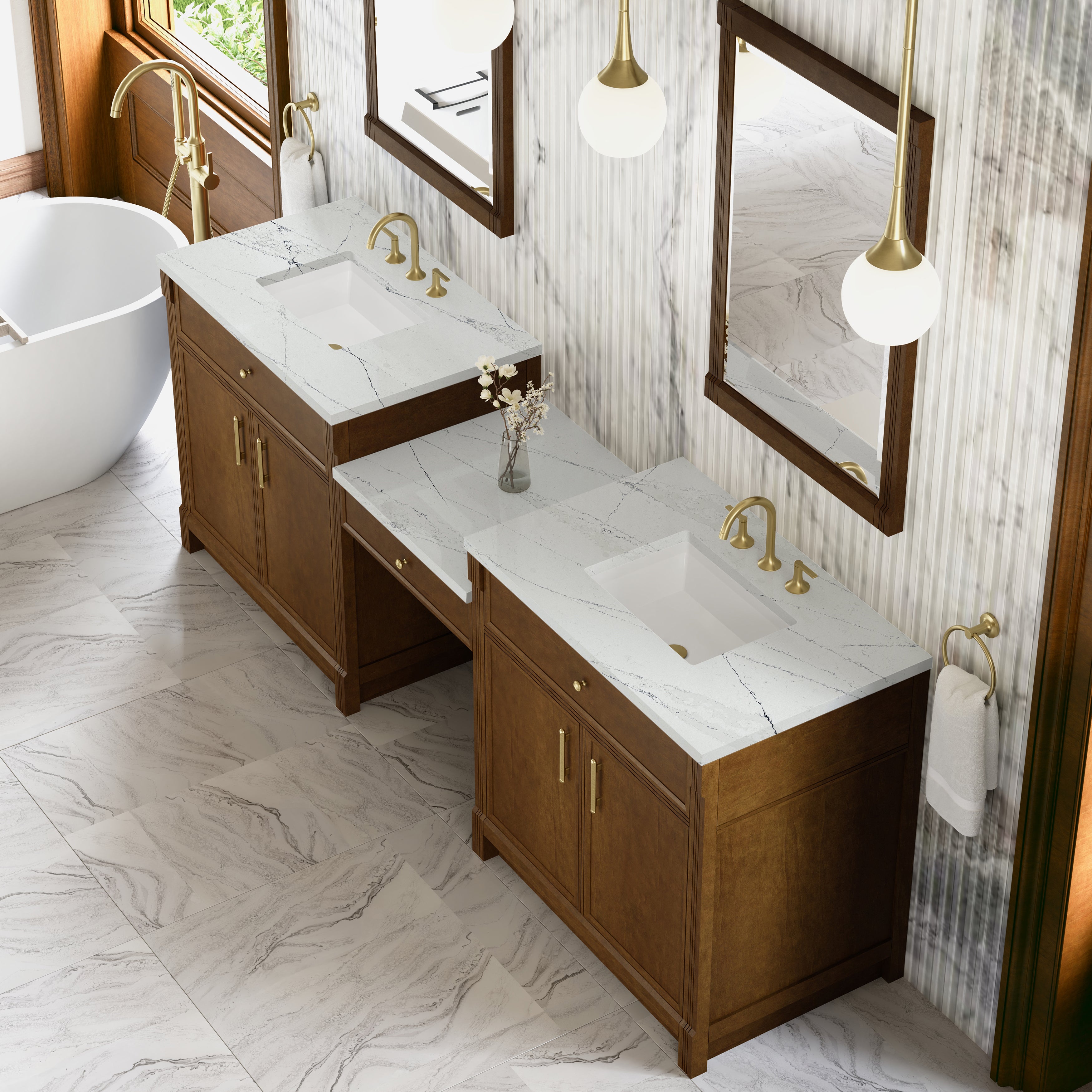James Martin Bellshire 96" Dual Vanity Set with 24" Make-Up Counter in Honey Oak with 3cm Countertop